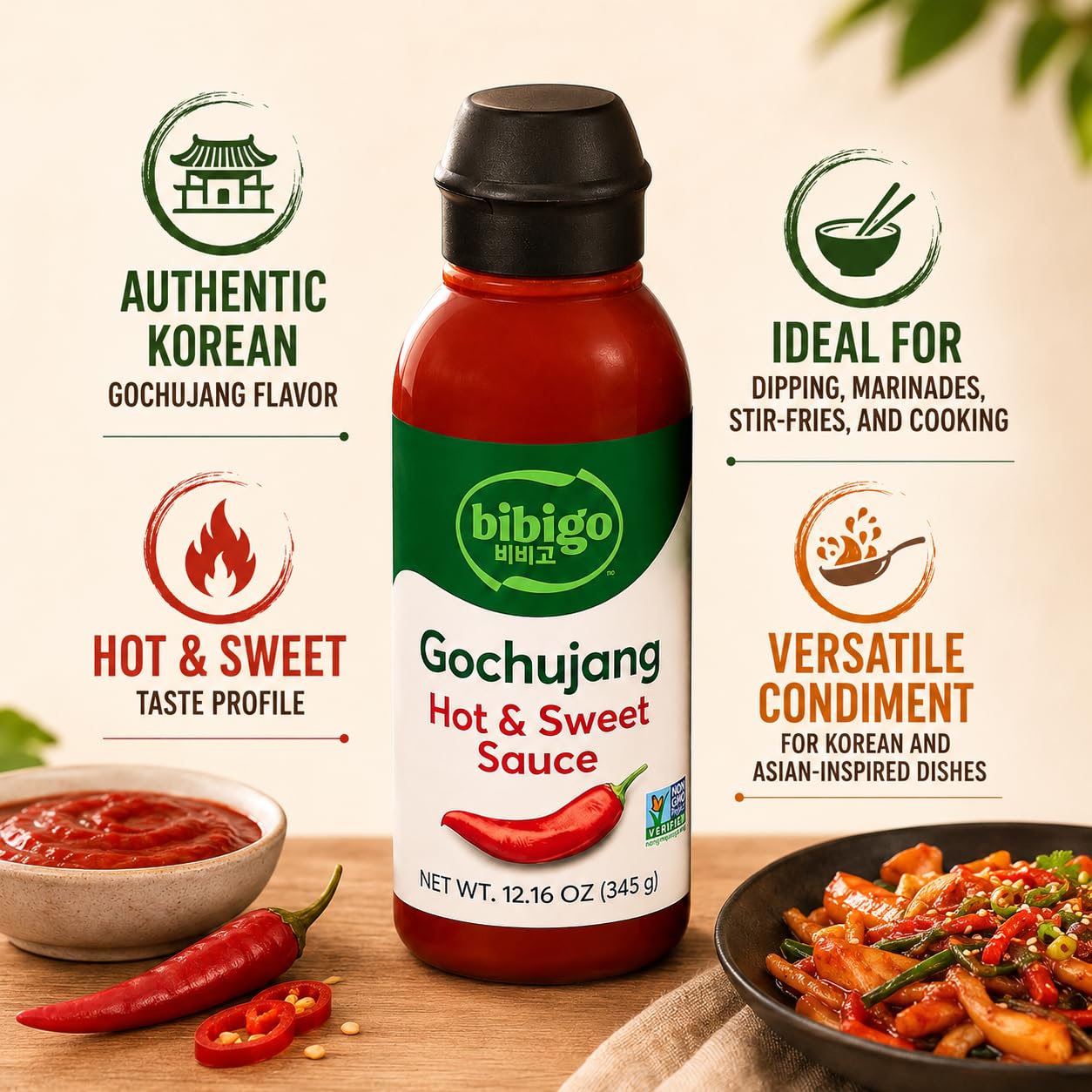 Gochujang Sauce, Pack of Two 12.16 oz Bottles, Korean Style Hot and Sweet Chili Sauce for Stir Fry, Marinade, Dipping, Rice Bowls, Noodles with K-Tech