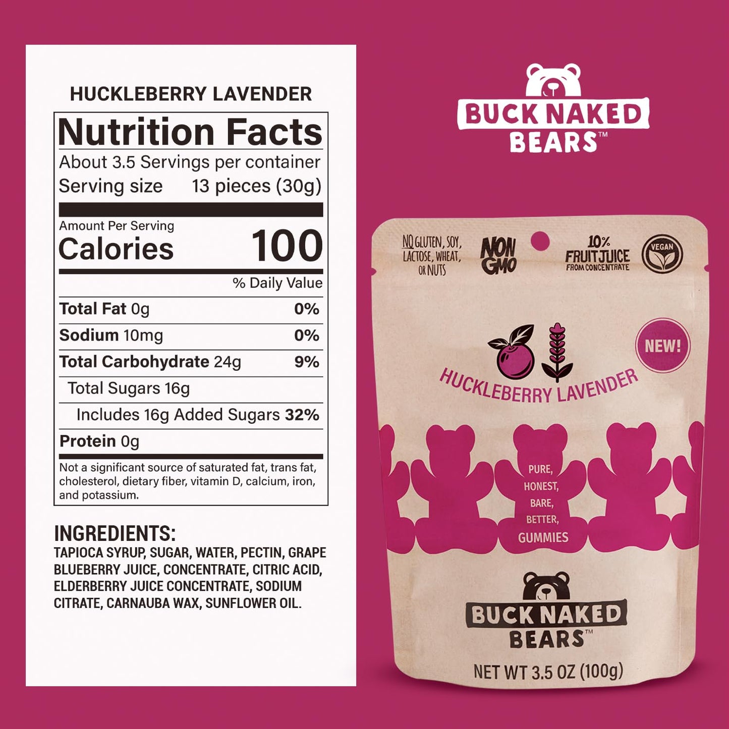 Buck Naked Bears - Huckleberry Lavender Gummy Bears - Soft, Smooth, and Sweeter Like a Fruit Snack - Plant-Based Gummies Good Snack Choice - Non-GMO
