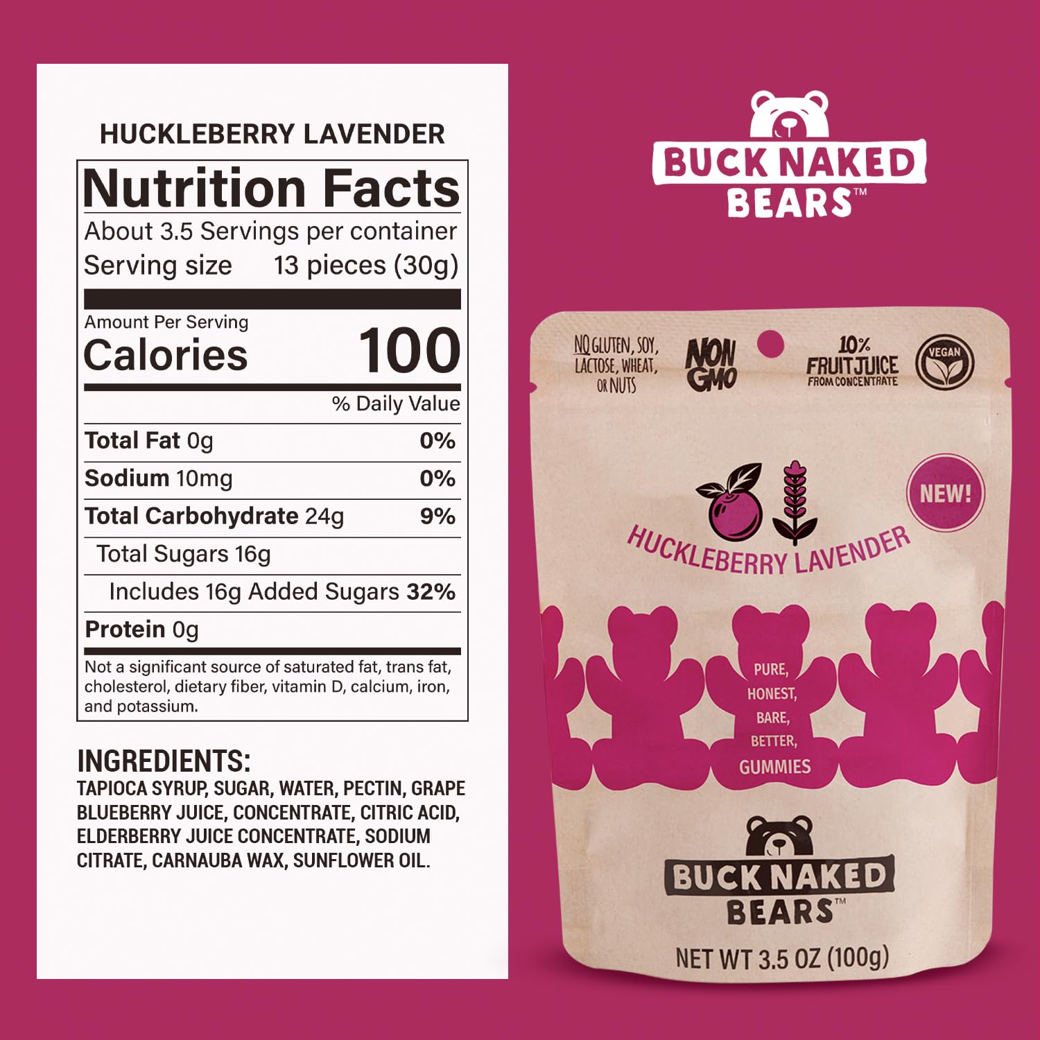 Buck Naked Bears - Huckleberry Lavender Gummy Bears - Soft, Smooth, and Sweeter Like a Fruit Snack - Plant-Based Gummies Good Snack Choice - Non-GMO