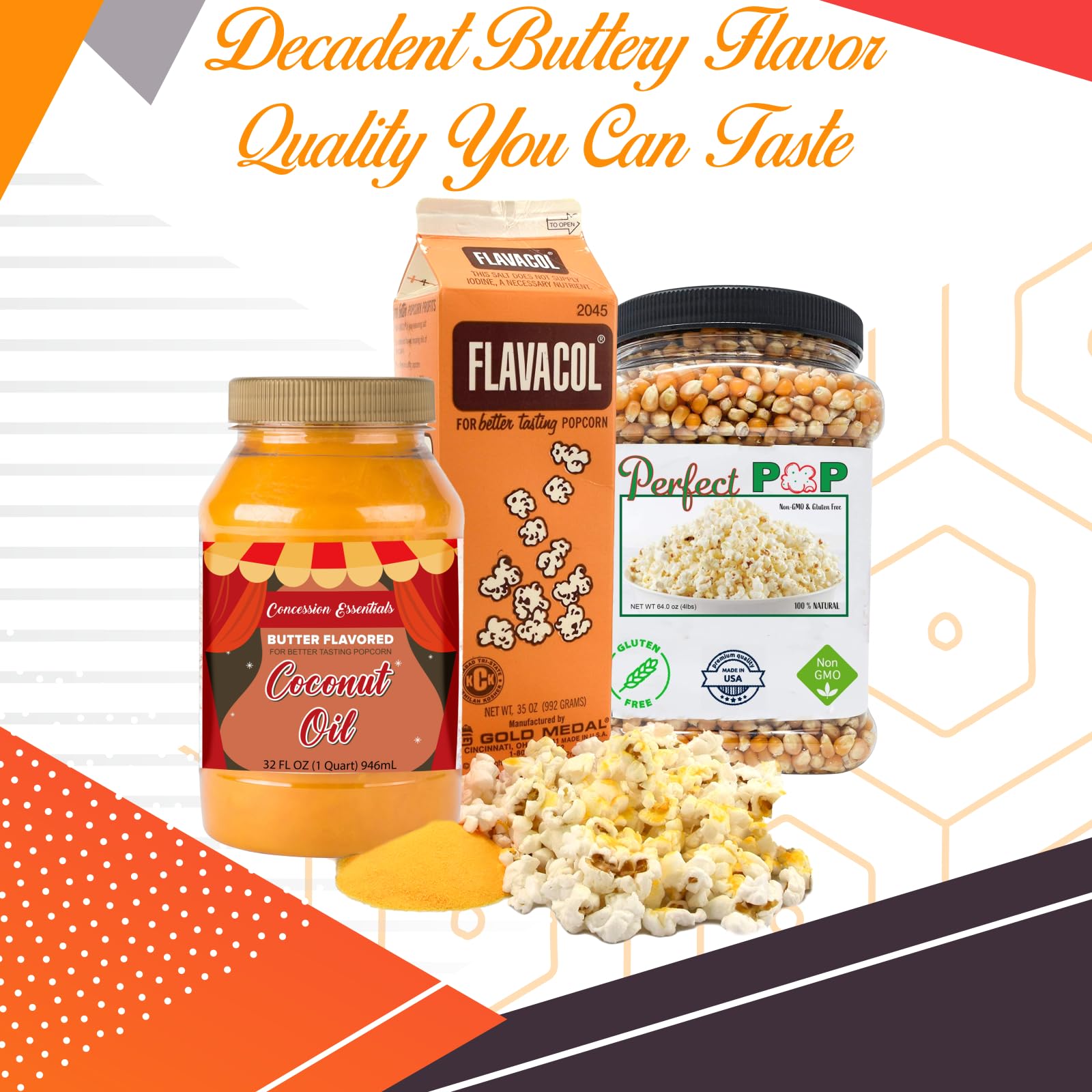 Perfectware Popcorn Kit- (Includes 35oz Popcorn Season Salt, 4lbs Yellow Kernels, and 32oz Butter Flavored Coconut Oil, Plain,PW-Popcorn Kit-3