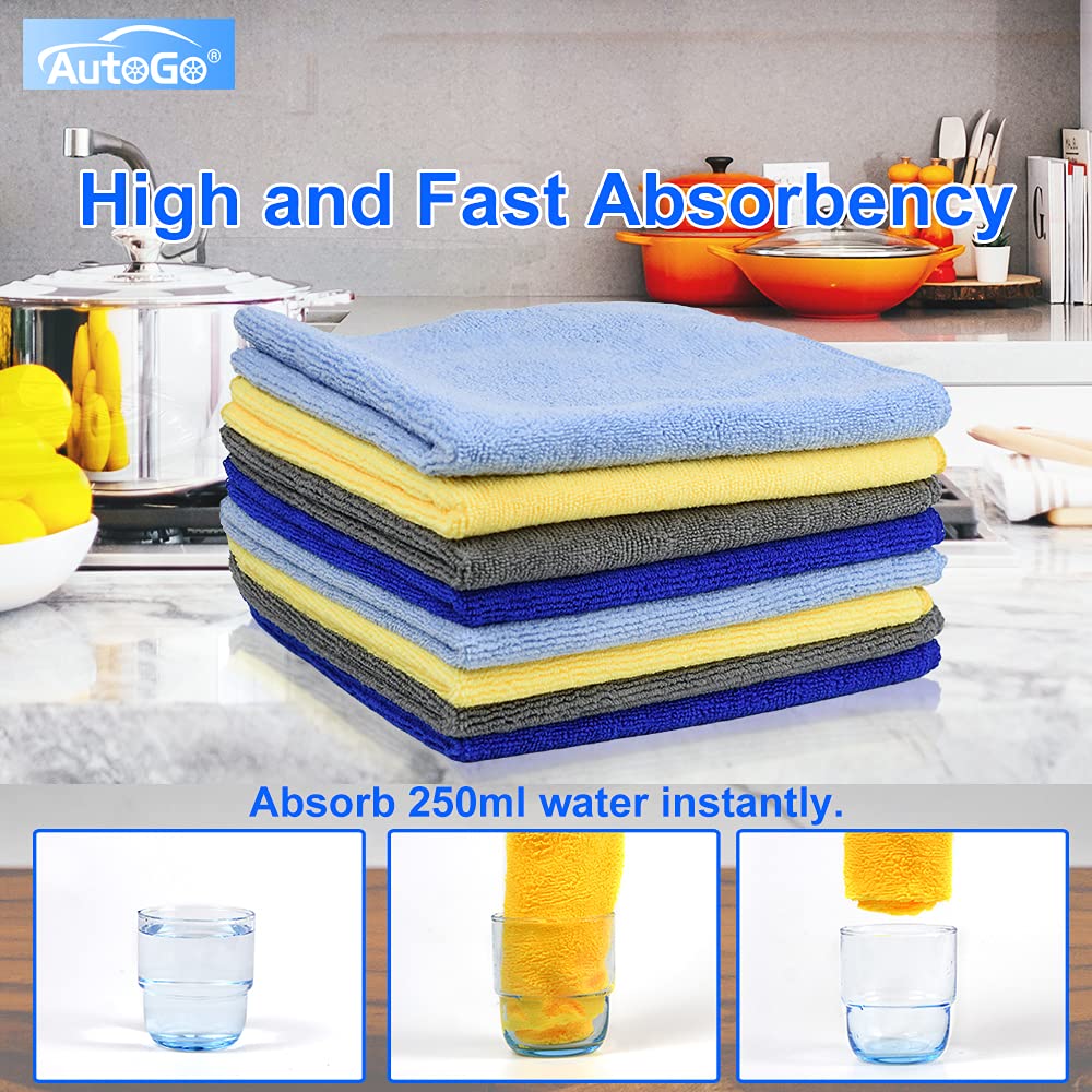 AutoGo Microfiber Cleaning Cloth 16x16 Inch 8 Pack, Multipurpose Cleaning Rags for House Housekeeping Dusting, Absorbent Lint Free Streak Free Hand