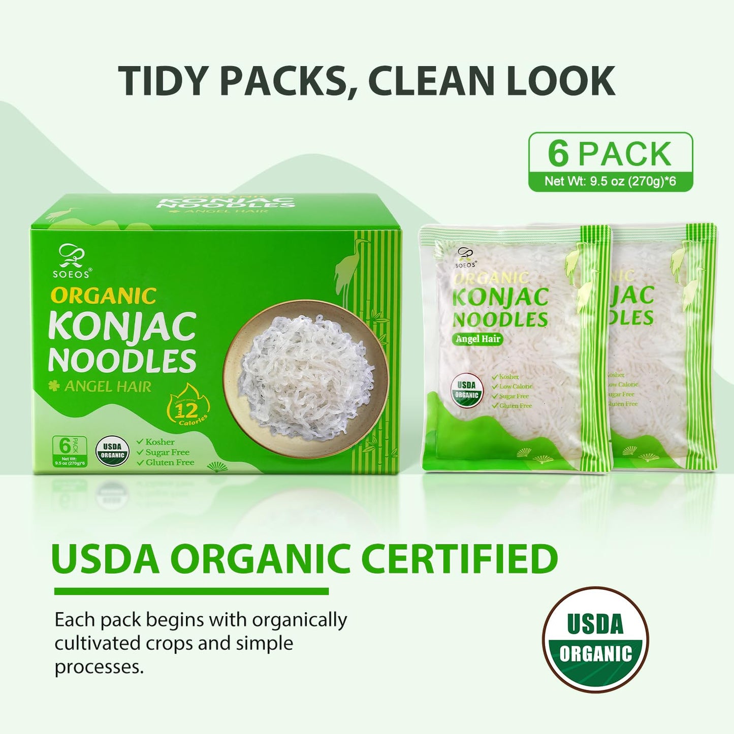 Soeos Organic Konjac Noodles, Angel Hair Pasta, 9.5 oz (270g)*6 Pack, Low Calorie, Low Carb, Keto and Paleo Friendly Shirataki Noodle, Gluten-Free