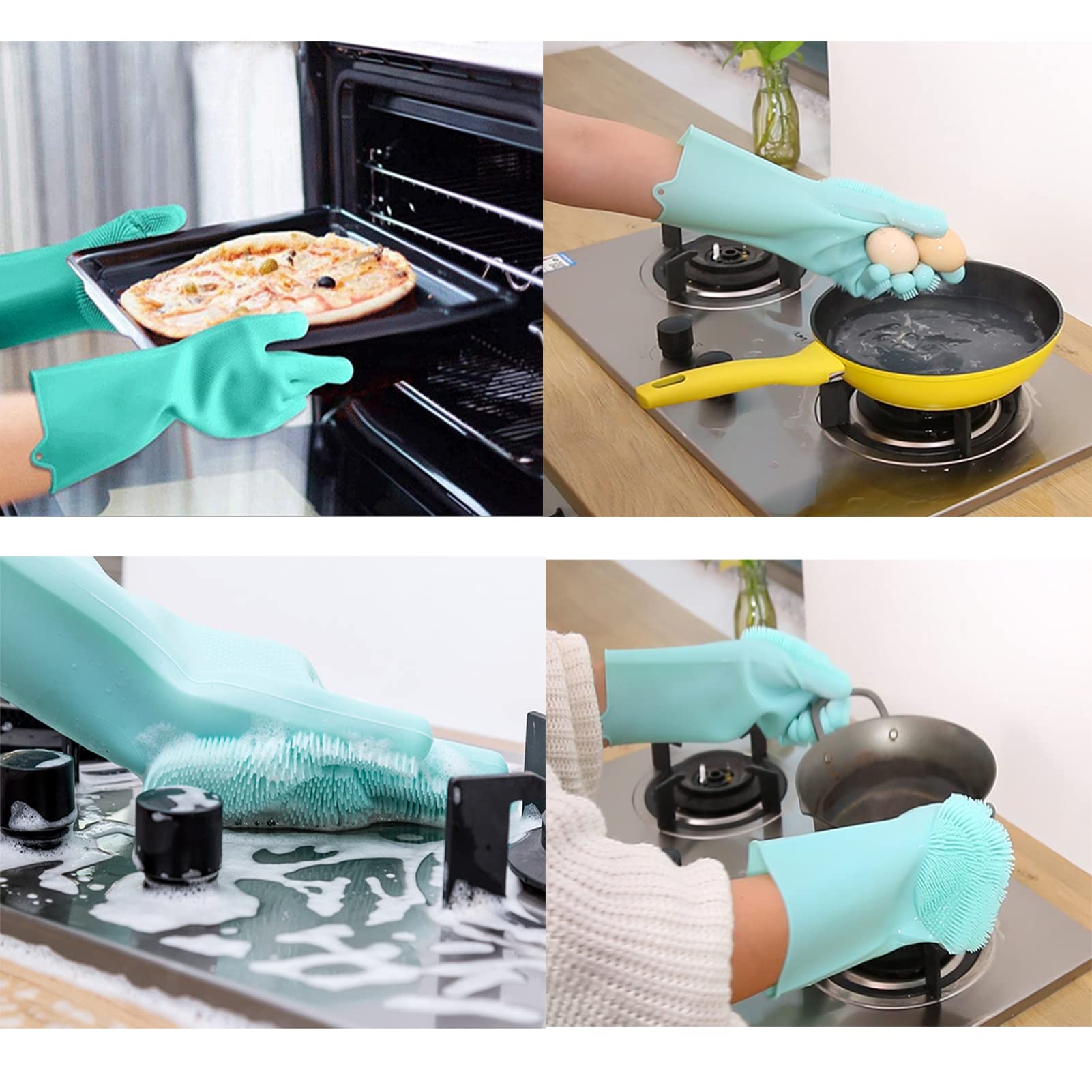 Magic Silicone Dishwashing Scrubber, 2 in 1 Reusable Rubber Gloves for cooking, Heat Resistant Kitchen Tool for Household (green)