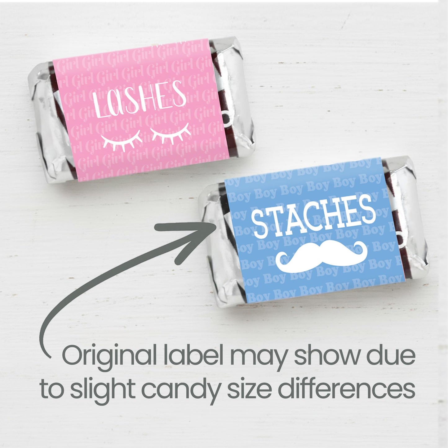 DISTINCTIVS Baby Gender Reveal Mini Candy Bar Wrappers - Lashes or Staches - 42 Stickers