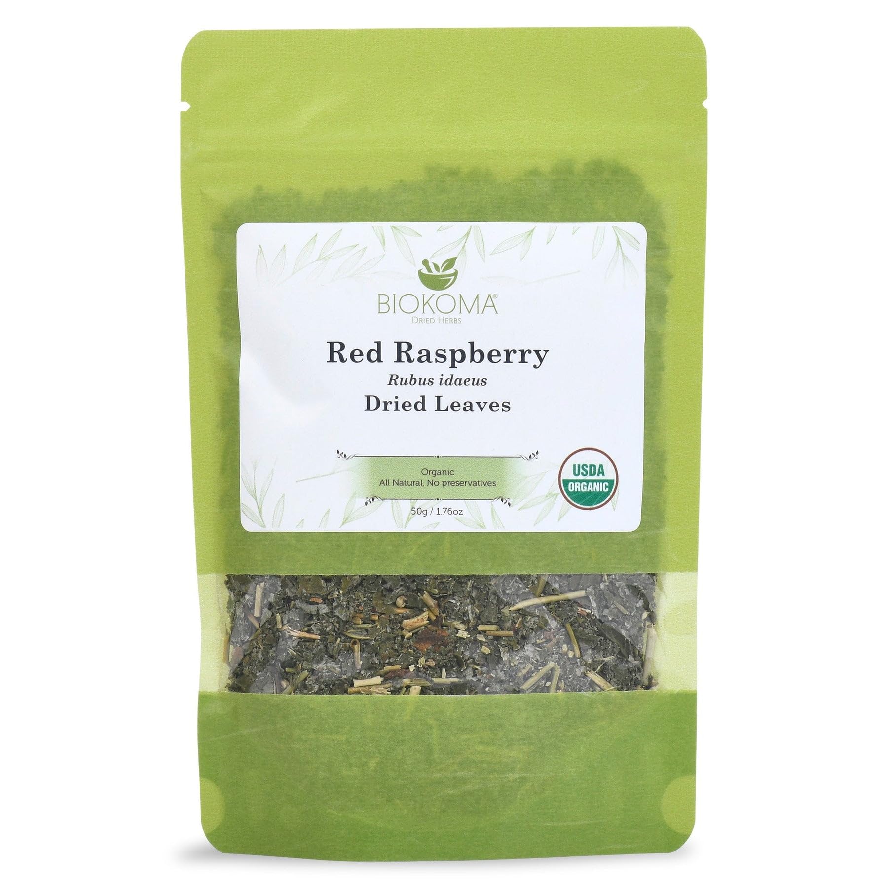 Biokoma Organic Red Raspberry Leaf 50g 1.76oz Dried Cut & Sifted Rubus Idaeus Healthy Pregnancy Support Resealable Pouch USDA Organic Herbal Tea