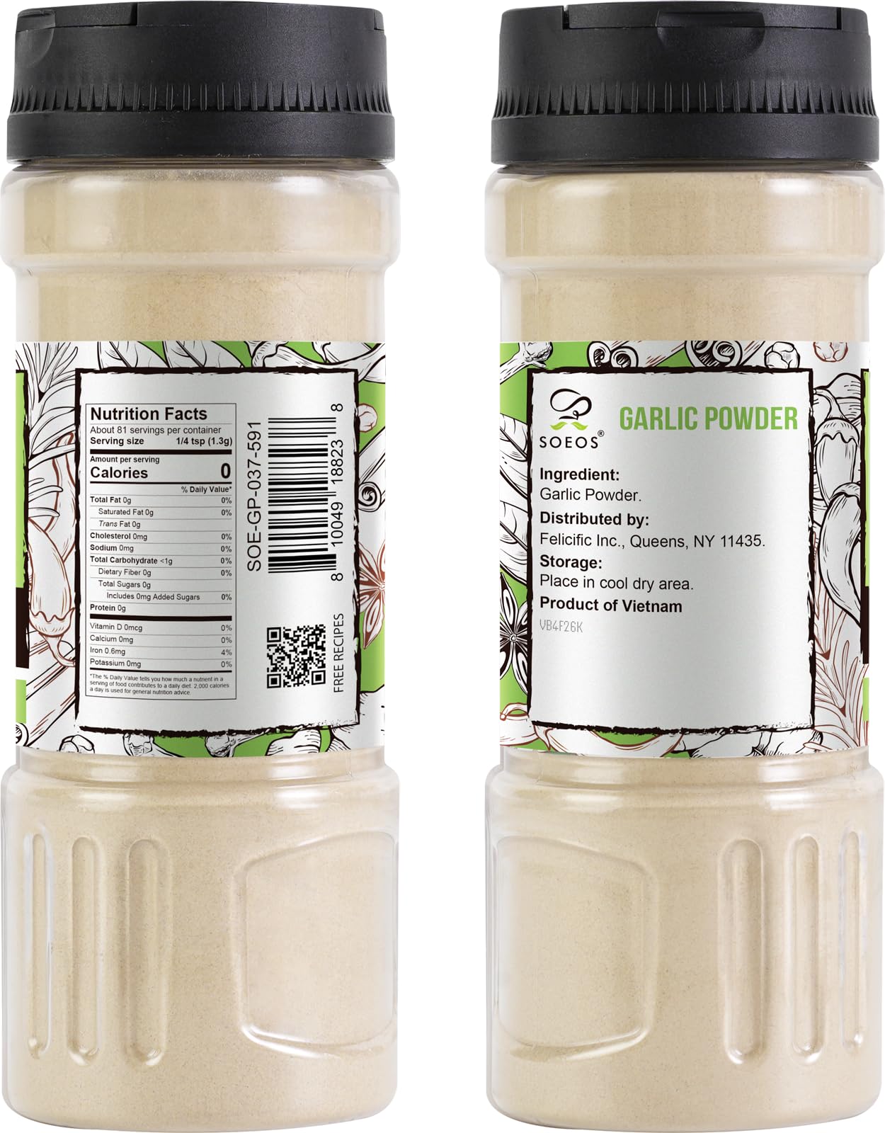 Soeos Garlic Powder, 105g (3.7oz), Garlic Powder Seasoning, Additive Free, Non-GMO, Garlic Seasoning for Flavor Vegetables, Grilled Meats, Salads