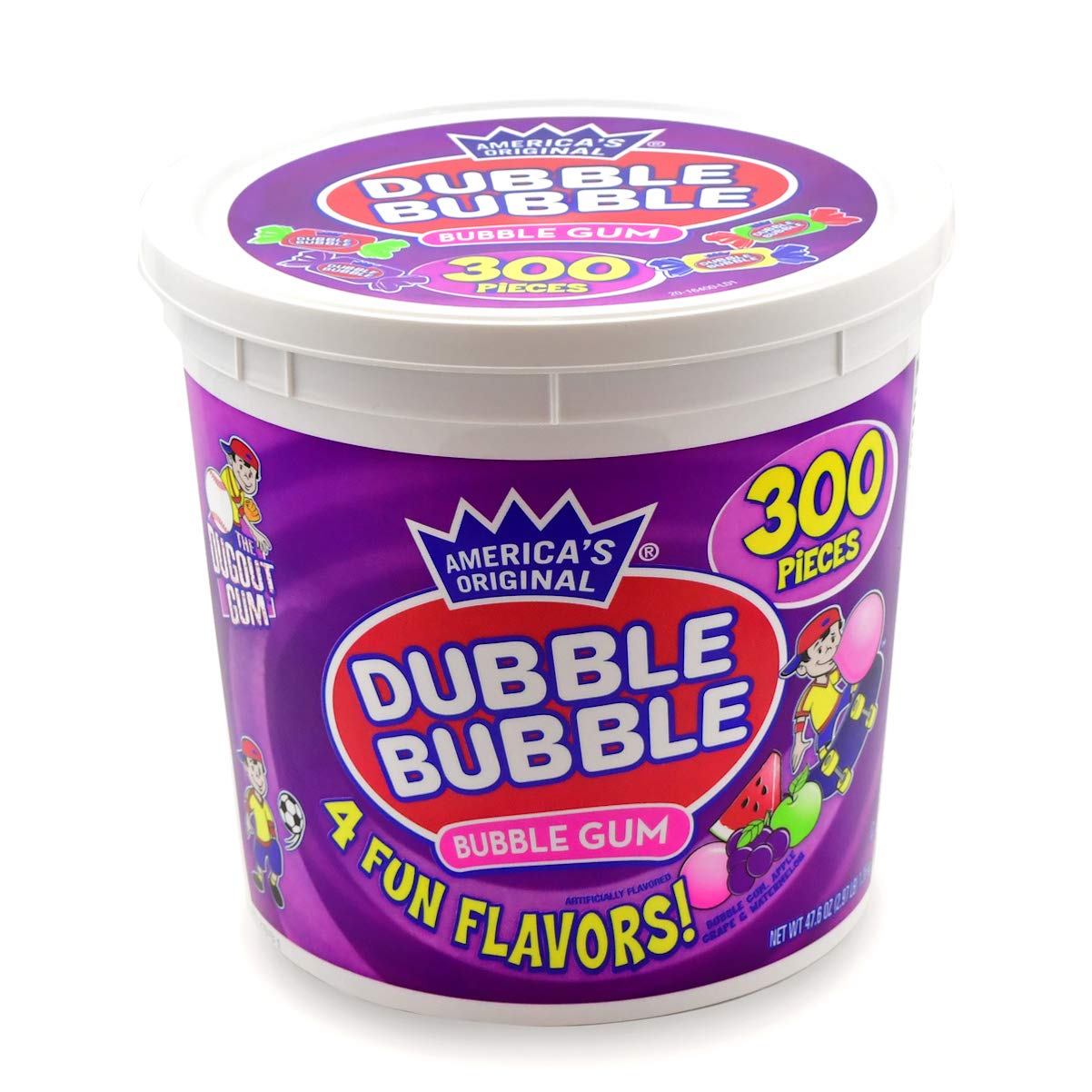 Tootsie Roll Dubble Bubble Gum - 300 Count Resealable Tub of Individually Wrapped Fruit and Bubble Gum - Original, Watermelon, Apple and Grape Flavors