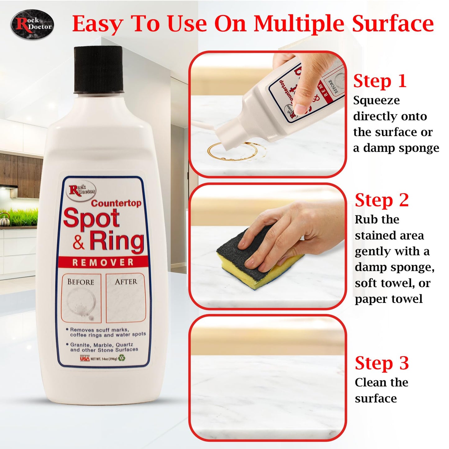 Rock Doctor Spot & Ring Remover, Works on Granite, Marble, Countertop & Quartz, Hard Water Mark & Spot Remover, Remove Coffee & Scuff Mark, 14 oz