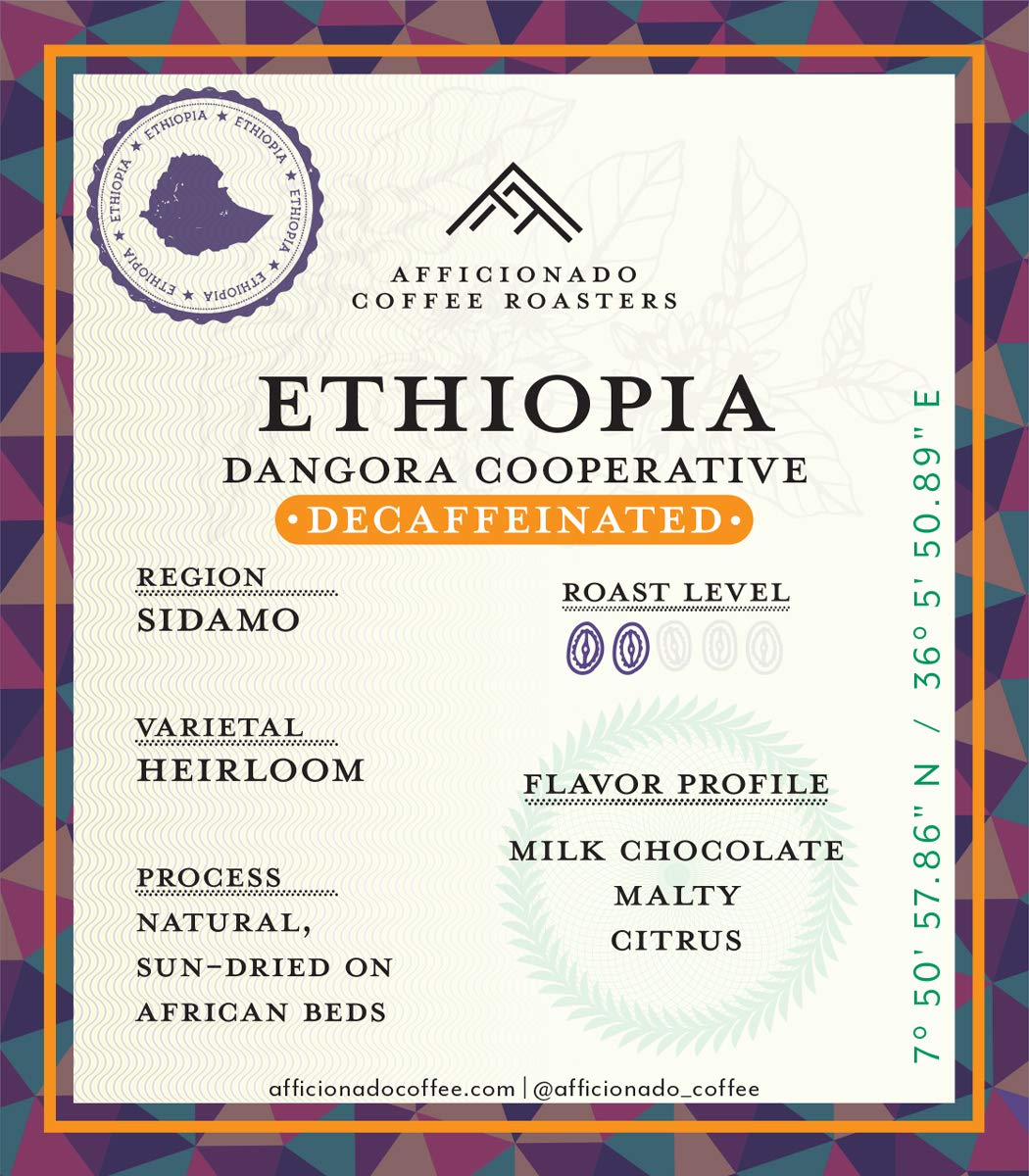 Afficionado Coffee Roasters Dangora Cooperative Ethiopia | Decaffeinated | 12oz Whole Bean Coffee | Single Origin