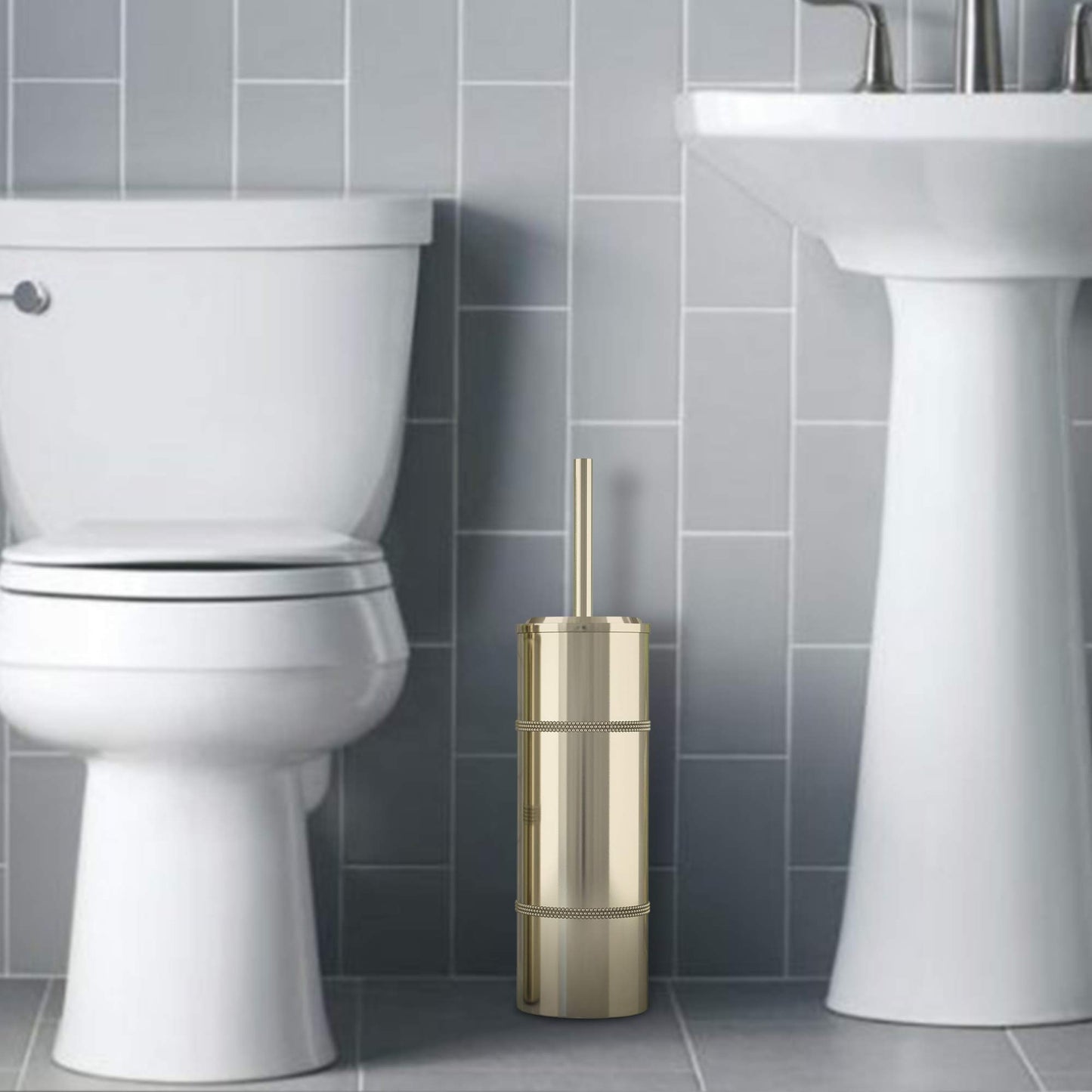 nu steel TBH-8065G-17 Slim Compact Freestanding Toilet Bowl Brush and Holder for Bathroom Storage and Organization - Space Saving, Sturdy, Deep