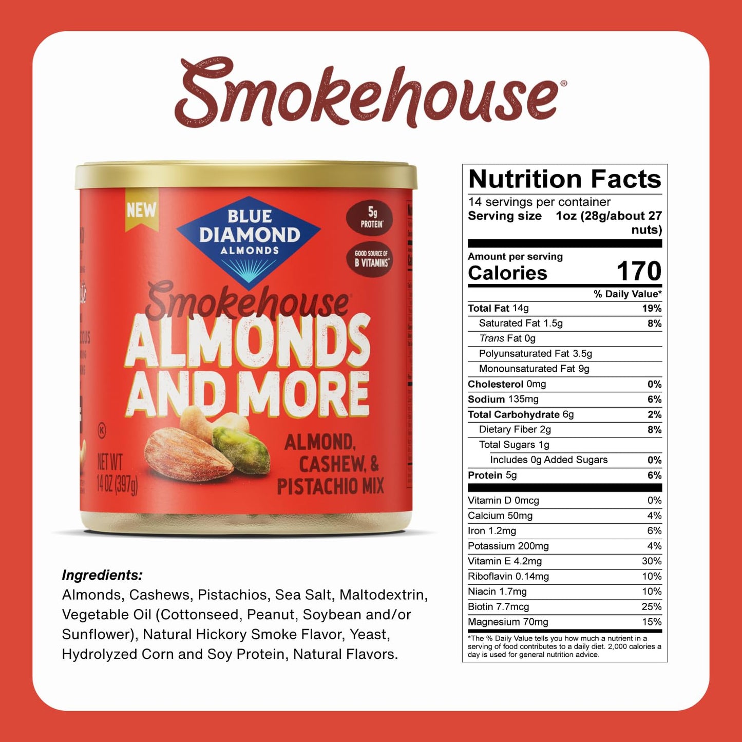 Blue Diamond Almonds, Mixed Nuts Smokehouse Flavored Deluxe Snack Nuts, Almonds, Pistachios, and Cashews, 14oz. Can (Pack of 1)
