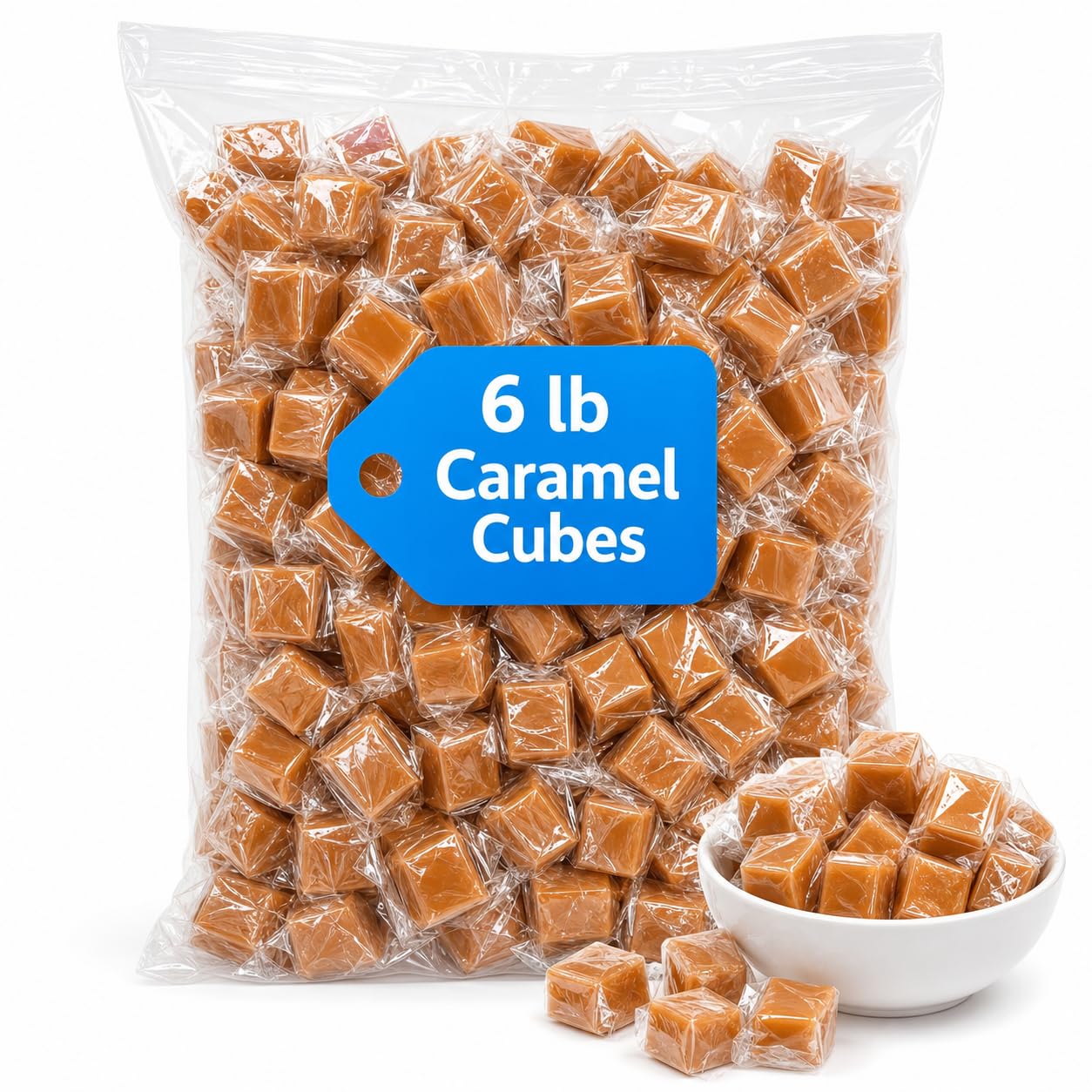 Caramel Cubes Candy, 6 lb Bulk Bag, Individually Wrapped Soft Chewy Caramels
