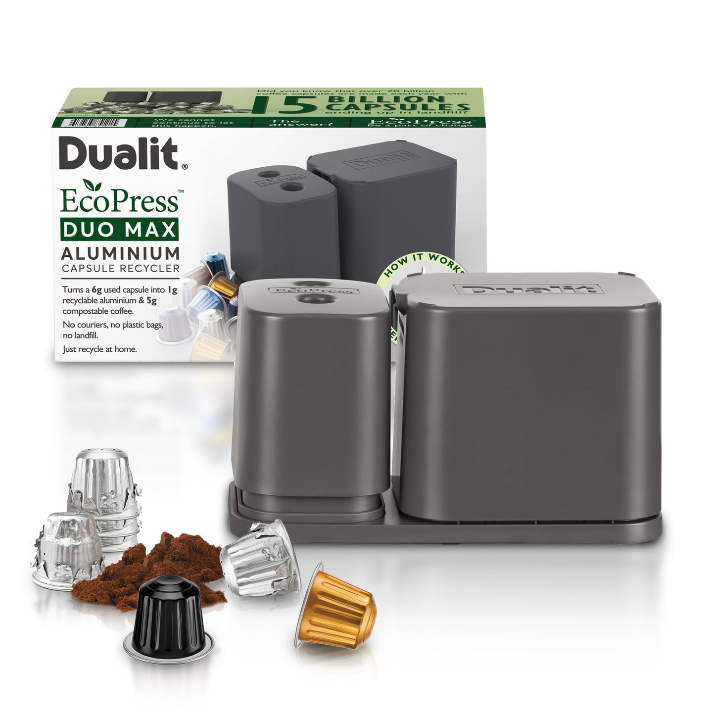Dualit EcoPress Duo Max Aluminium Coffee Capsule Recycling Tool Premium Eco Friendly Tool Original Size Capsules & Coffee Grounds