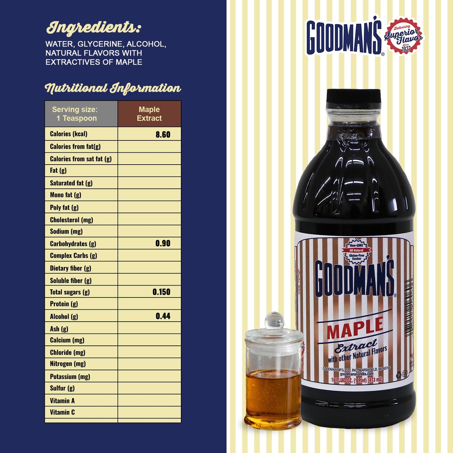 Goodman's Natural Maple Extract - Gluten-Free, Non-GMO, Kosher, Low Carb & Low Calorie, Low Alcohol, No Artificial Color, No Animal Products, No Sugar