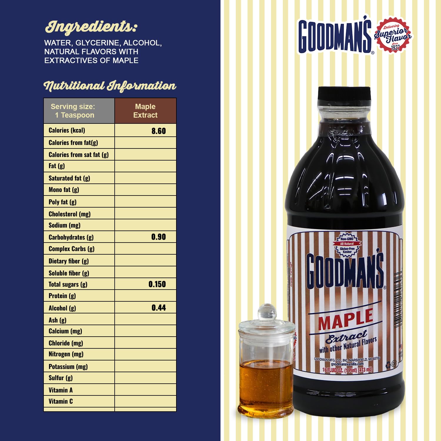Goodman's Natural Maple Extract - Gluten-Free, Non-GMO, Kosher, Low Carb & Low Calorie, Low Alcohol, No Artificial Color, No Animal Products, No Sugar