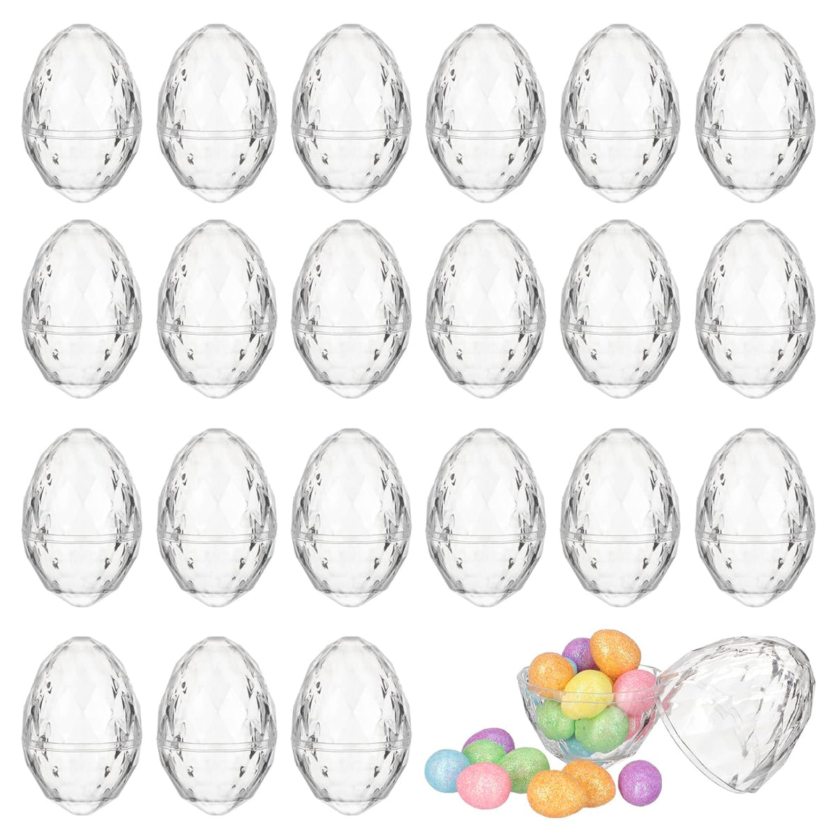 JECOMPRIS 24pcs Fillable Easter Eggs: 3.14x2.16 Inch Clear Plastic Diamond Eggs Sparkling - Party Candy Containers for Easter Hunt Suprise Filling