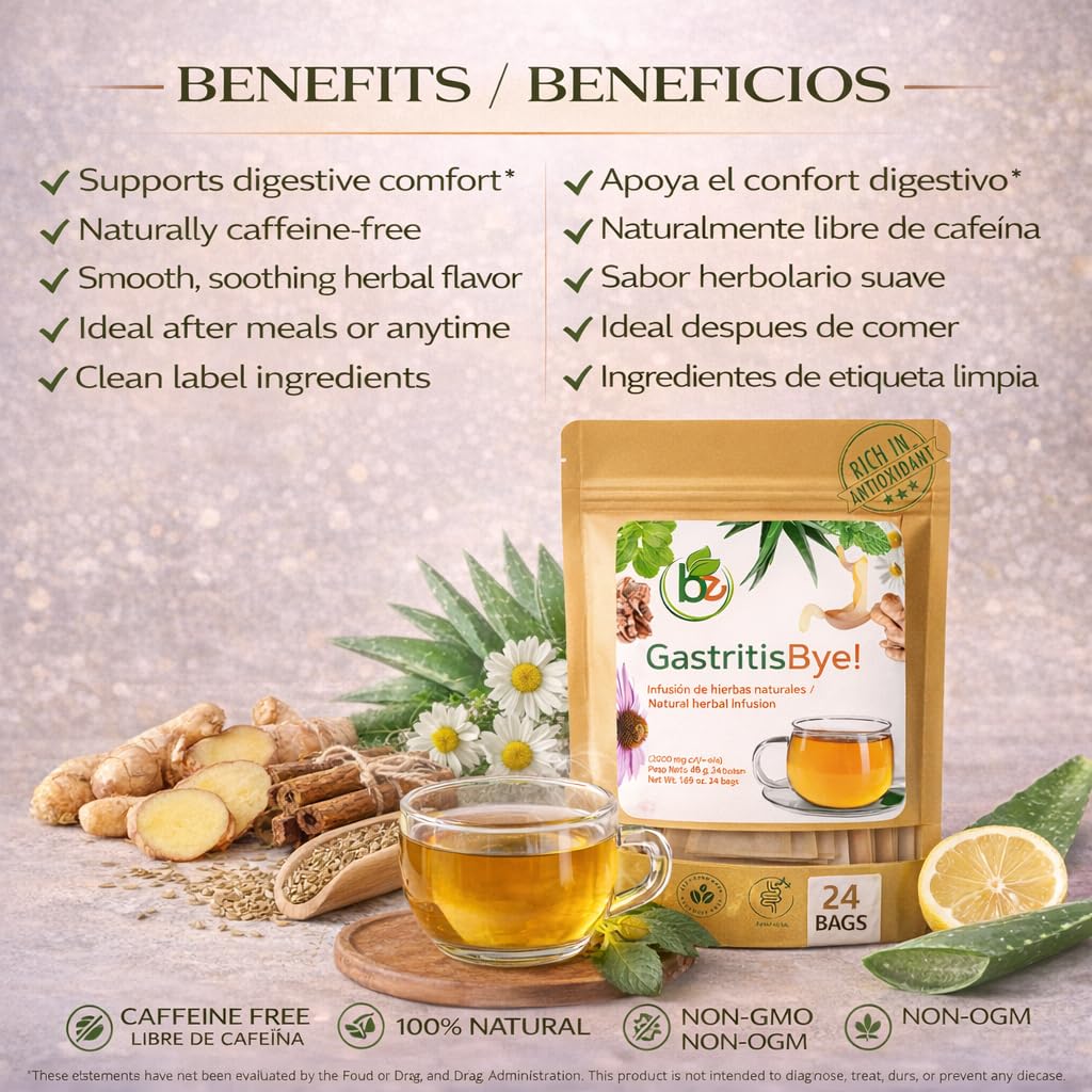 Gastritis-BYE Herbal Tea - Herbal Infusion for Digestive Comfort - 24 Tea Bags - Ginger, Chamomile, Boldo, Aloe Vera, Mint, Arnica & Cuachalalate