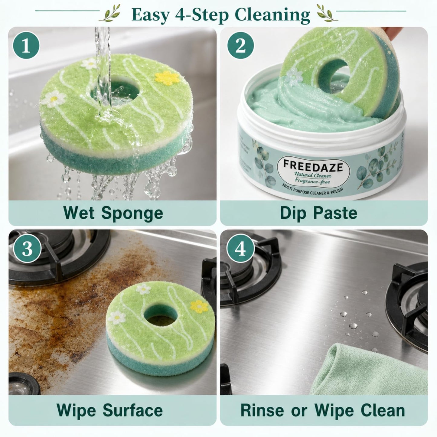 Freedaze Natural All Purpose Cleaning Paste - Shell Powder & Coconut Oil, All Washable Surfaces Cleaner & Polish with Donut Sponge (10.58 oz, 2 Pack)