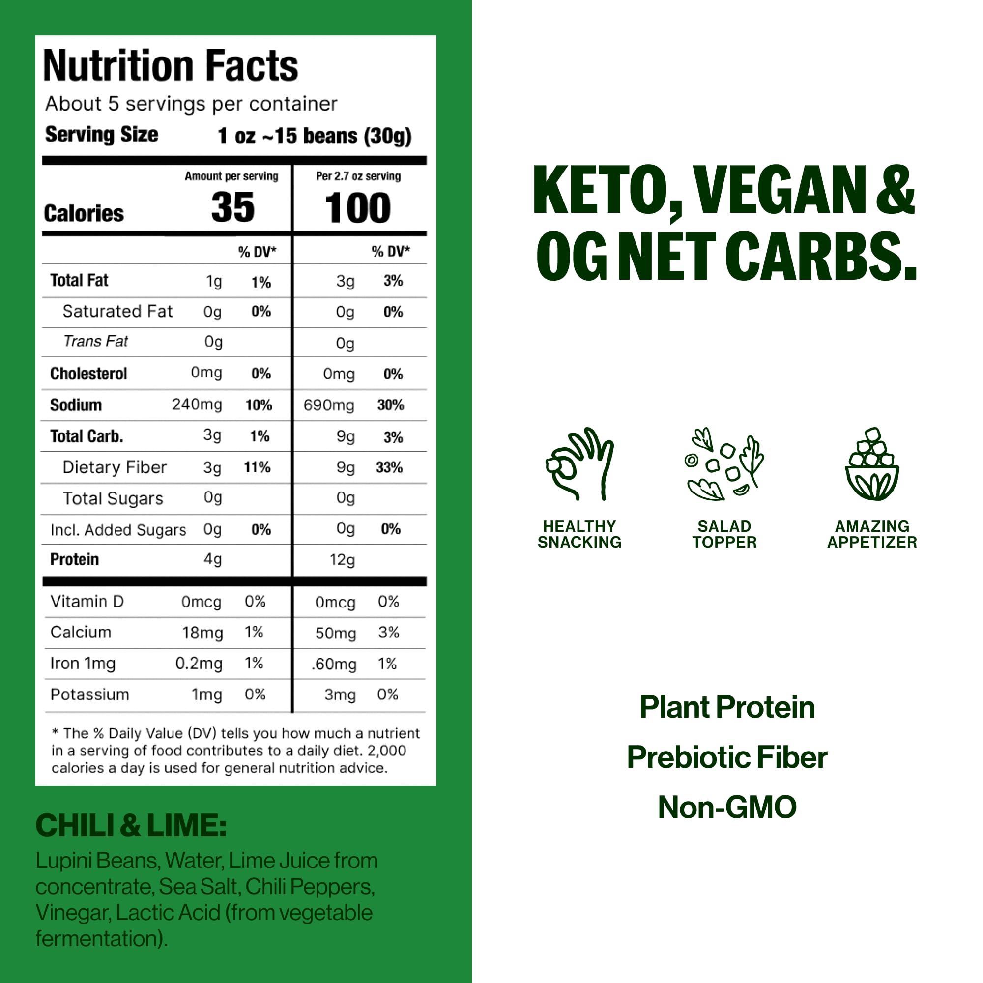 BRAMI Lupini Beans Snack, Chili & Lime | 7g Plant Protein, 0g Net Carbs | Vegan, Vegetarian, Keto, Mediterranean Diet, Non Perishable | 5.3 Ounce (4