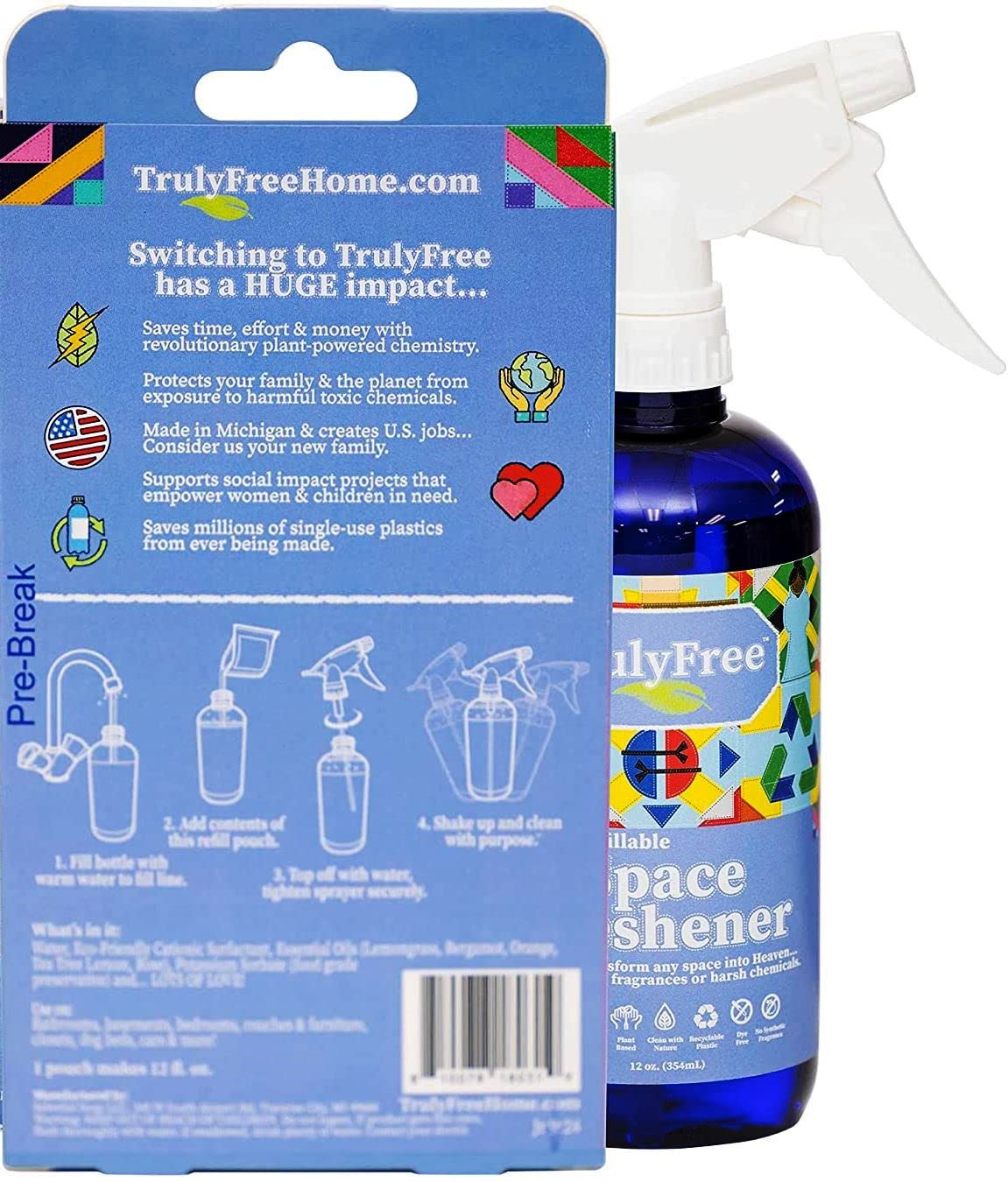 Truly Free Space Freshener Starter Kit, Lemongrass Essential Oil - Car and Air Fresheners for Home, Natural Odor Eliminator Room Spray, 12 oz Empty