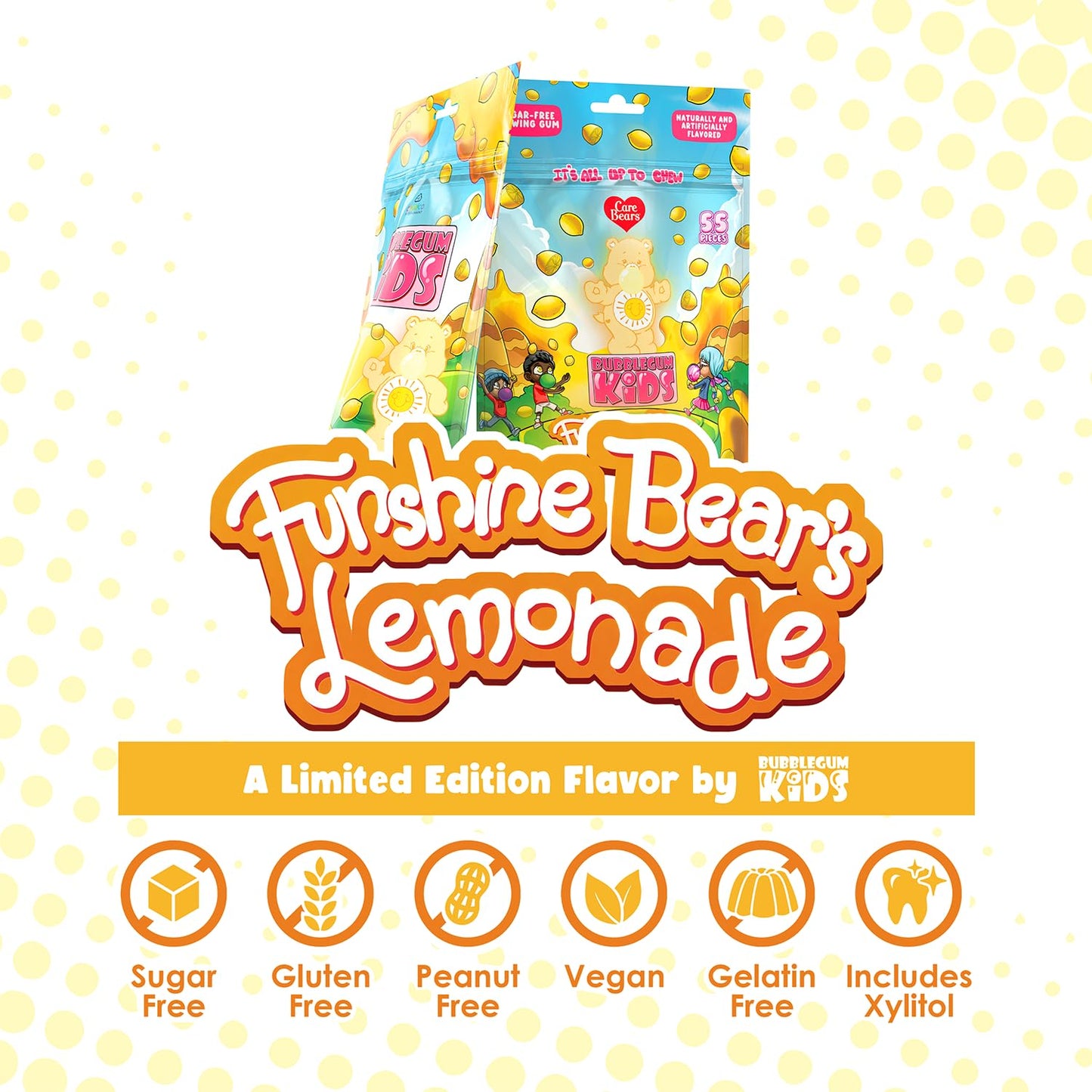 Care Bears Funshine Lemonade Sugar Free Gum by Bubblegum Kids | Sugarless Gum with Xylitol | Vegan, Low Calorie Candy Alternative for Kids & Adults |
