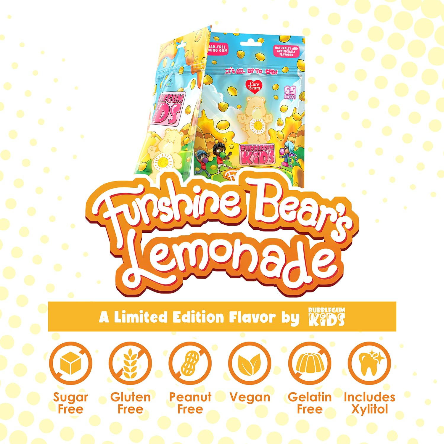 Care Bears Funshine Lemonade Sugar Free Gum by Bubblegum Kids | Sugarless Gum with Xylitol | Vegan, Low Calorie Candy Alternative for Kids & Adults |