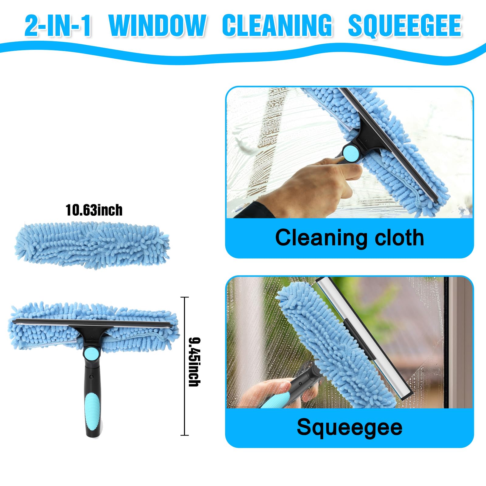 25FT Reach Window Squeegee Kit with Extension Pole, 2-in-1 Professional Washer for High Windows, 5-20FT Adjustable Reach, Rotatable Head for Indoor