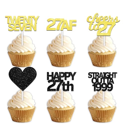 18pcs Black Gold Glitter Dessert Cupcake Pick for Straight Outta 1999 Cheer to 27 Years Old Theme Decor Supplies Happy 27th Birthday Party Decoration