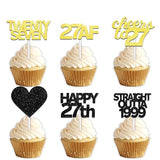 18pcs Black Gold Glitter Dessert Cupcake Pick for Straight Outta 1999 Cheer to 27 Years Old Theme Decor Supplies Happy 27th Birthday Party Decoration
