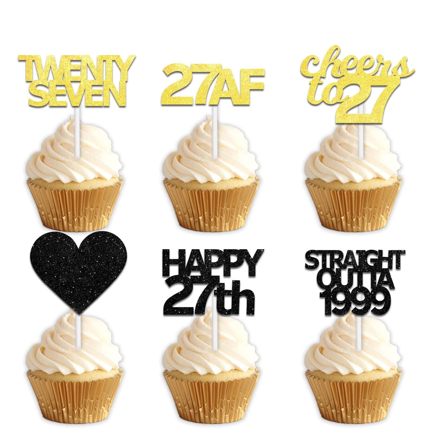 18pcs Black Gold Glitter Dessert Cupcake Pick for Straight Outta 1999 Cheer to 27 Years Old Theme Decor Supplies Happy 27th Birthday Party Decoration