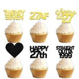 18pcs Black Gold Glitter Dessert Cupcake Pick for Straight Outta 1999 Cheer to 27 Years Old Theme Decor Supplies Happy 27th Birthday Party Decoration