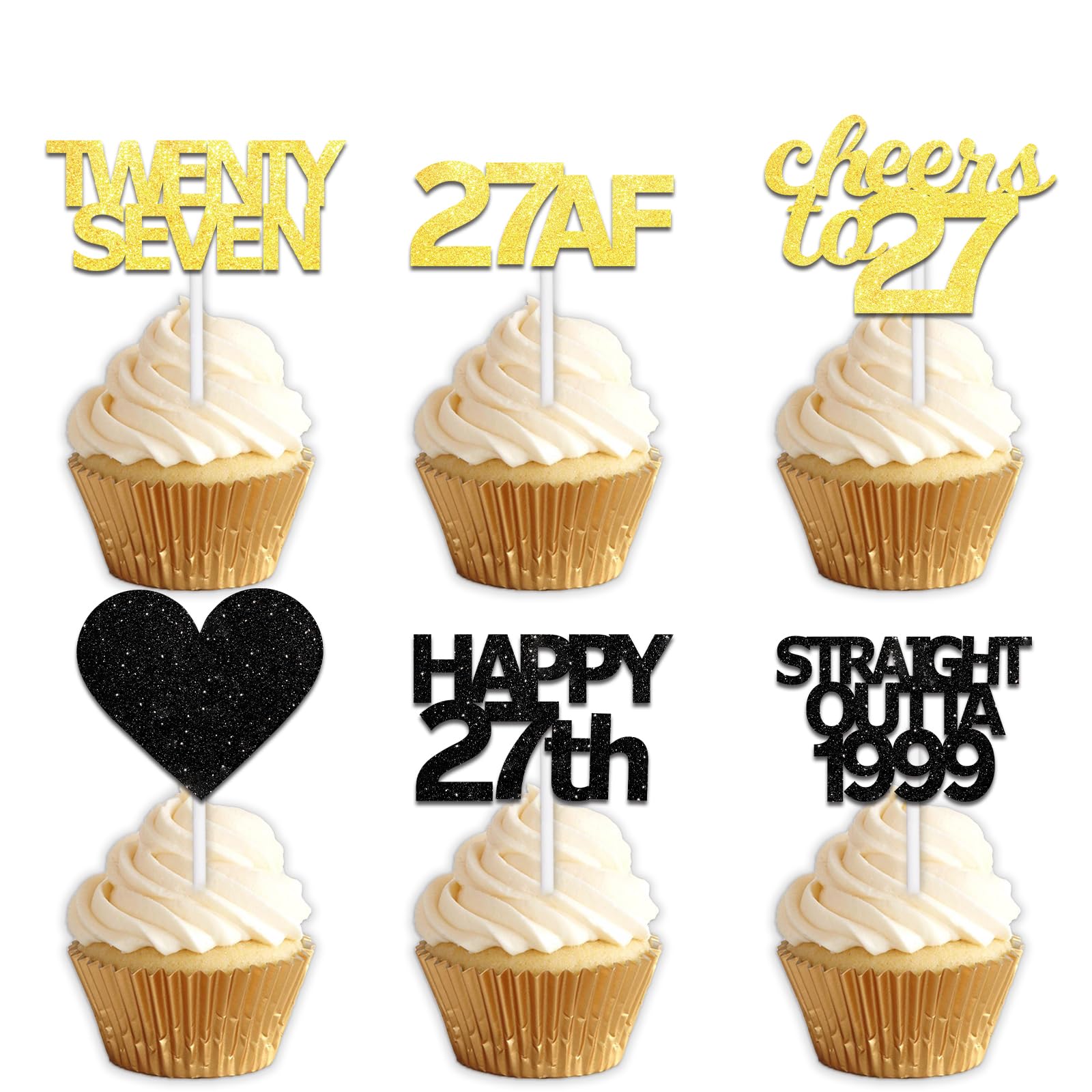 18pcs Black Gold Glitter Dessert Cupcake Pick for Straight Outta 1999 Cheer to 27 Years Old Theme Decor Supplies Happy 27th Birthday Party Decoration