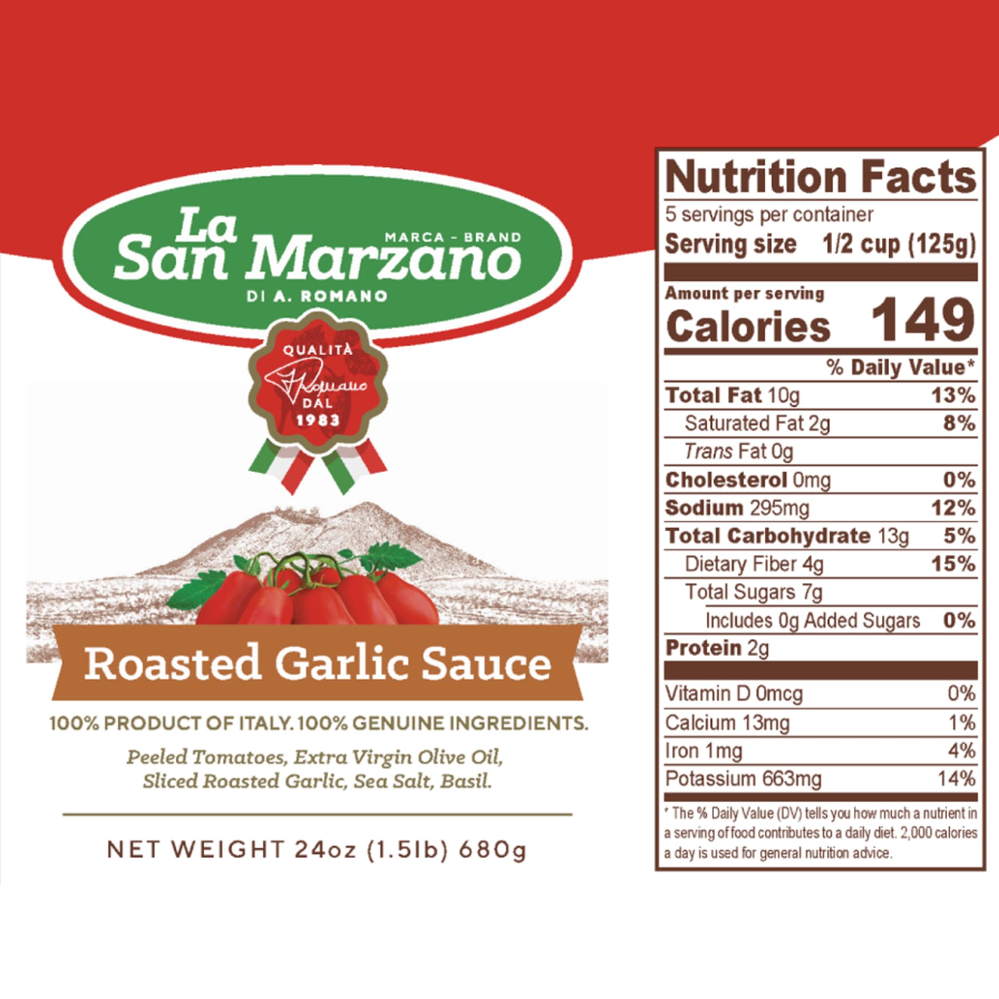 La San Marzano Roasted Garlic Sauce, 24 oz, Pasta Sauce Made in Italy, All Purpose Tomato Premium Quality, All Natural, Mediterranean Diet, Non GMO