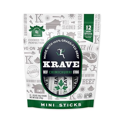 Krave, Meat Sticks Minis, Chimichurri flavor - (0.5 Ounce Sticks, Pack of 12) - 100% Grass Fed Beef, 45 Calories Per Stick, Good Source of Protein