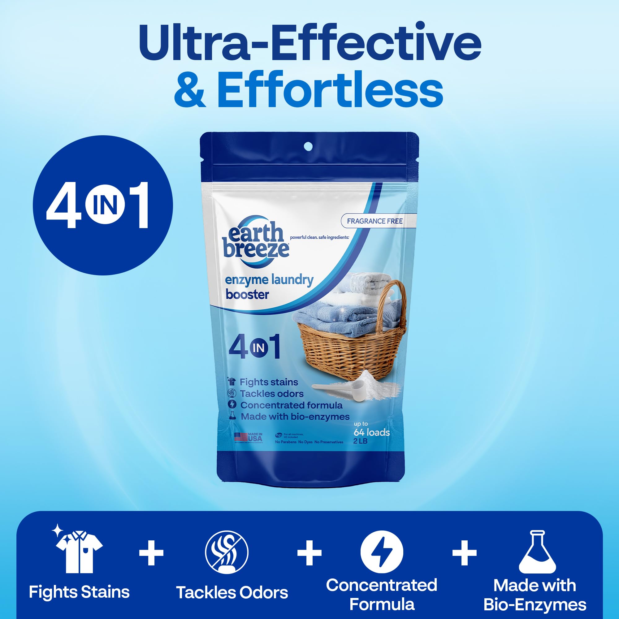 Earth Breeze Enzyme Laundry Booster Powder - 2lbs (64 Loads) - Powerful 4-in-1 Bio-Enzyme Formula Deep Cleans, Tackles Odors, Fights Stains