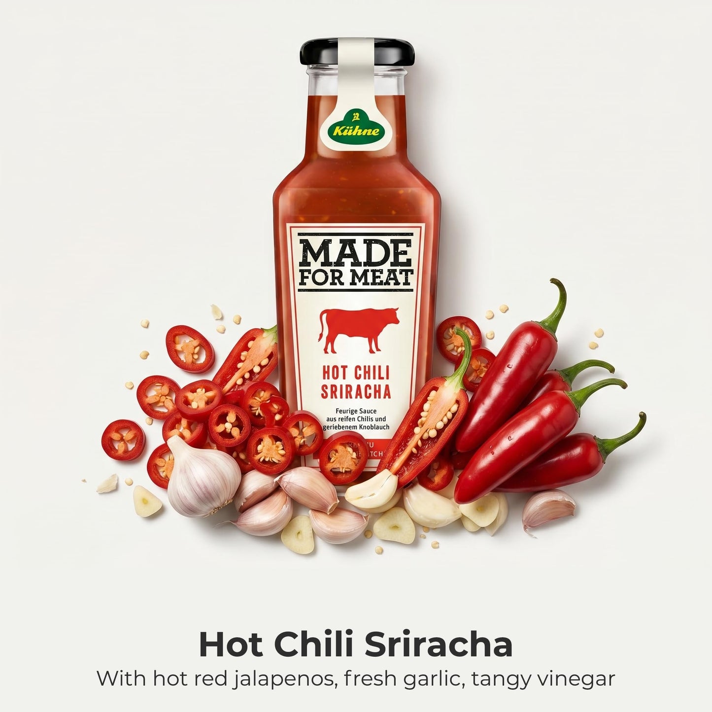 Kuhne Hot Chili Sriracha, 8oz Bottle, Hot Sauce with Jalapeno Chillies and Garlic, Add a Kick to Meat, Chicken, Fish and Stir Fries