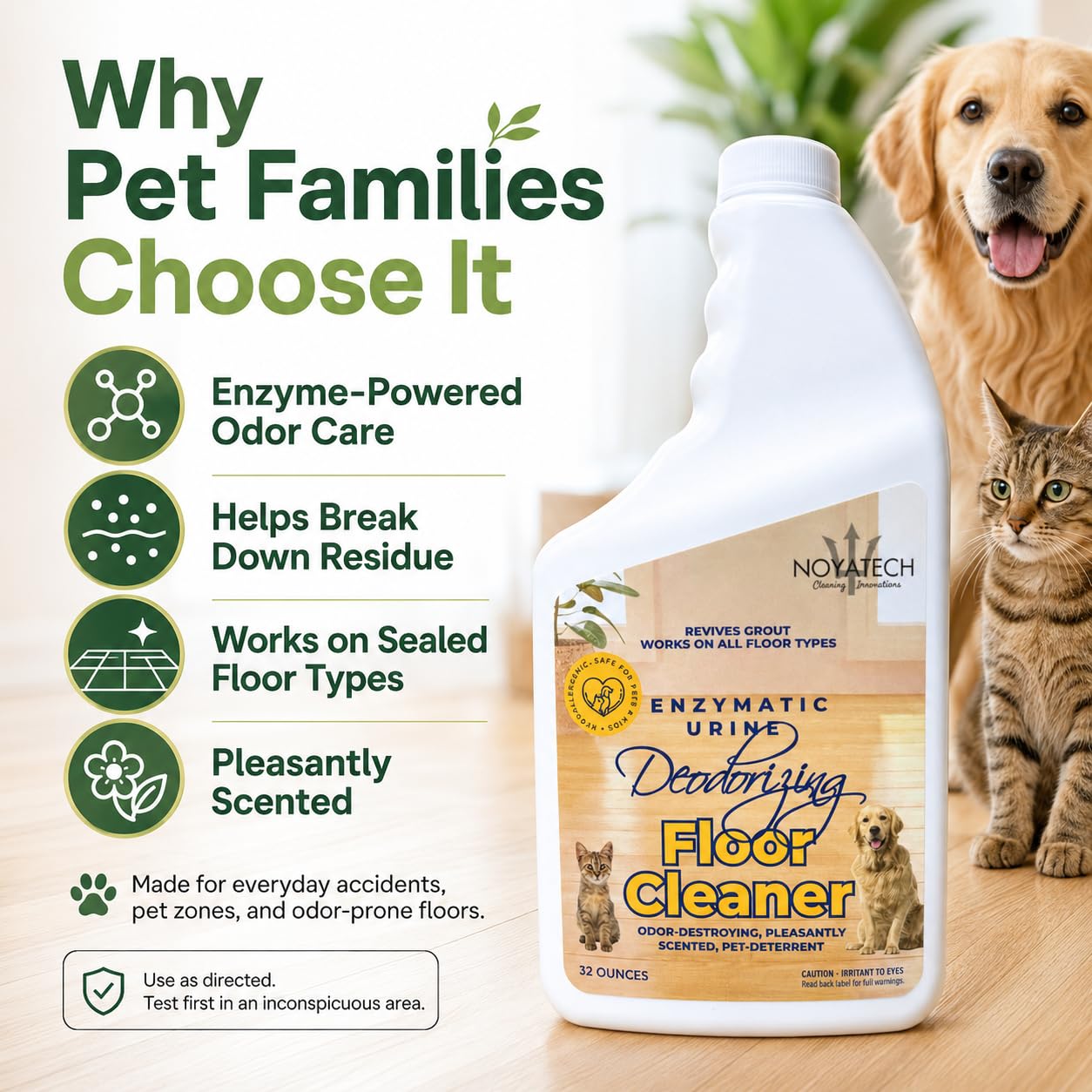 NOYATECH Pet Floor Cleaner for Mopping - Enzyme Urine & Odor Eliminator - Safe for Hardwood, Tile, Laminate & Grout - Dog & Cat Pee Concentrate, 32 oz