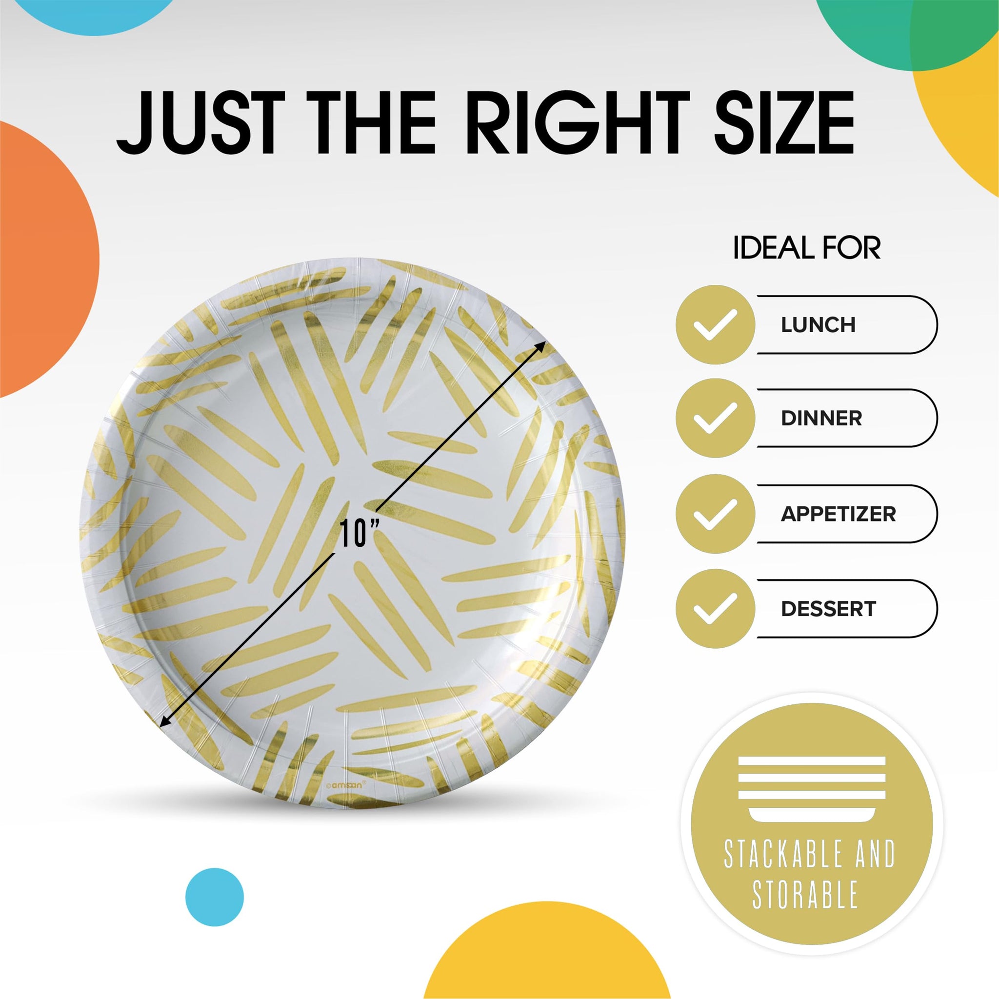 Party Solids Gold Motif Paper Plates Disposable Heavy Duty 10 Inch White and Gold Paper Plates for Party 96 Pcs Heavy Duty 350 GSM, Birthday Supplies