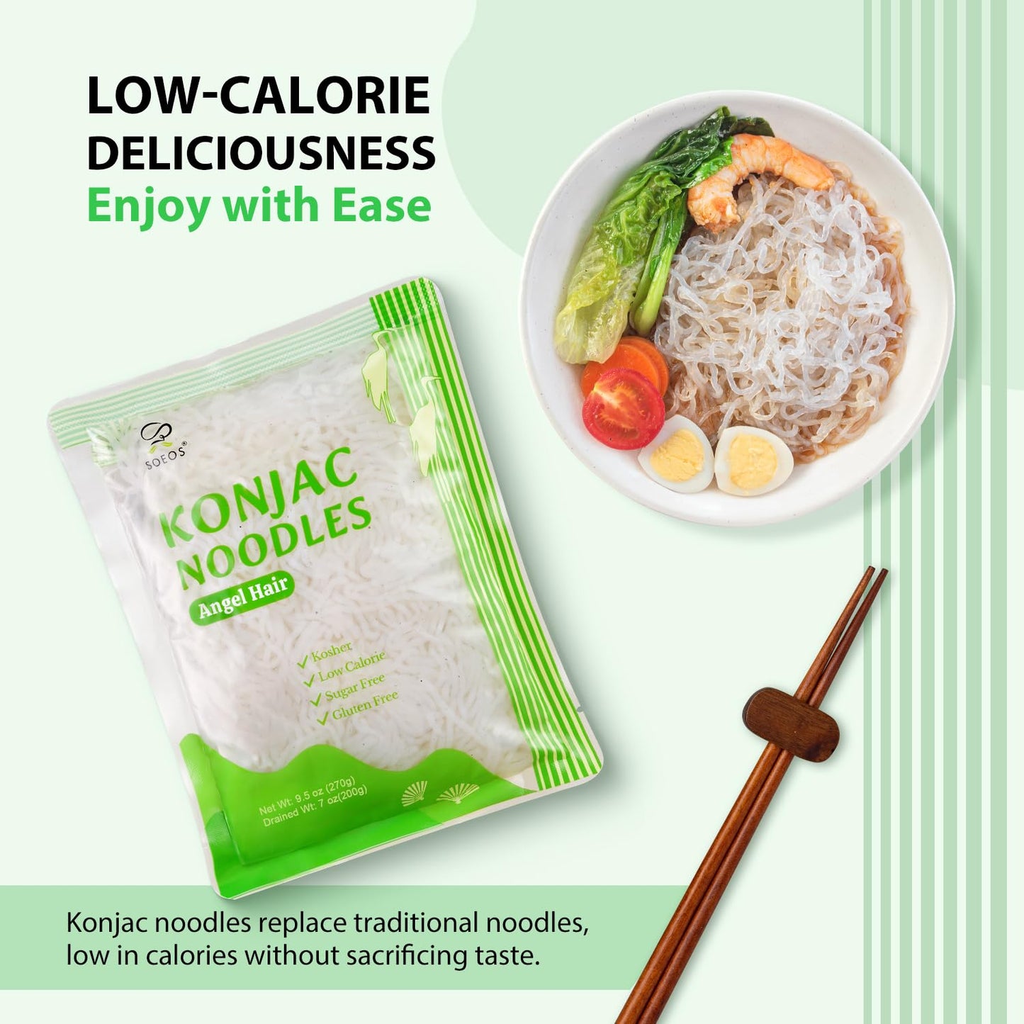 Soeos Organic Konjac Noodles, Angel Hair Pasta, 9.5oz (270g), 6 Packs, Kosher, Sugar Free, Gluten Free, Low Calorie Shirataki Noodle
