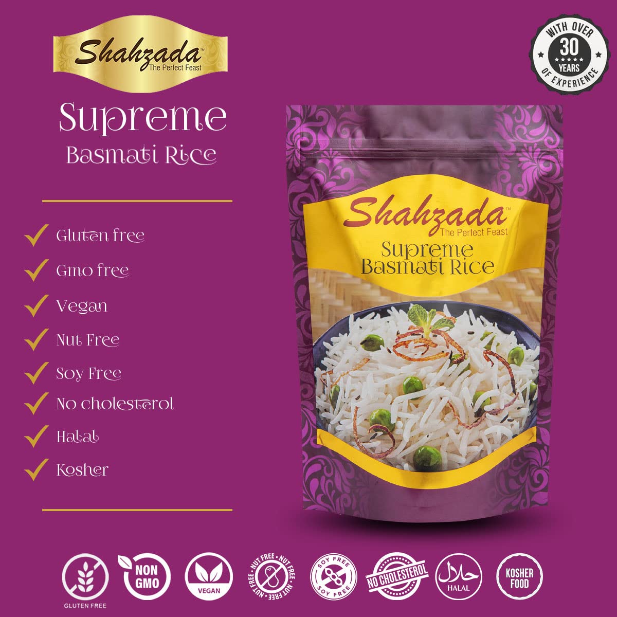Shahzada Supreme Basmati Rice (02 Lbs.) - Extra Long Grain, Slender and Non-Sticky Grain for Ultimate Dining Experience, Non-GMO, Vegan, Gluten Free, Soy Free, No Cholesterol, Resealable Zip-Lock Bag - Extra Long Grain Basmati Rice 02 Pound Packing