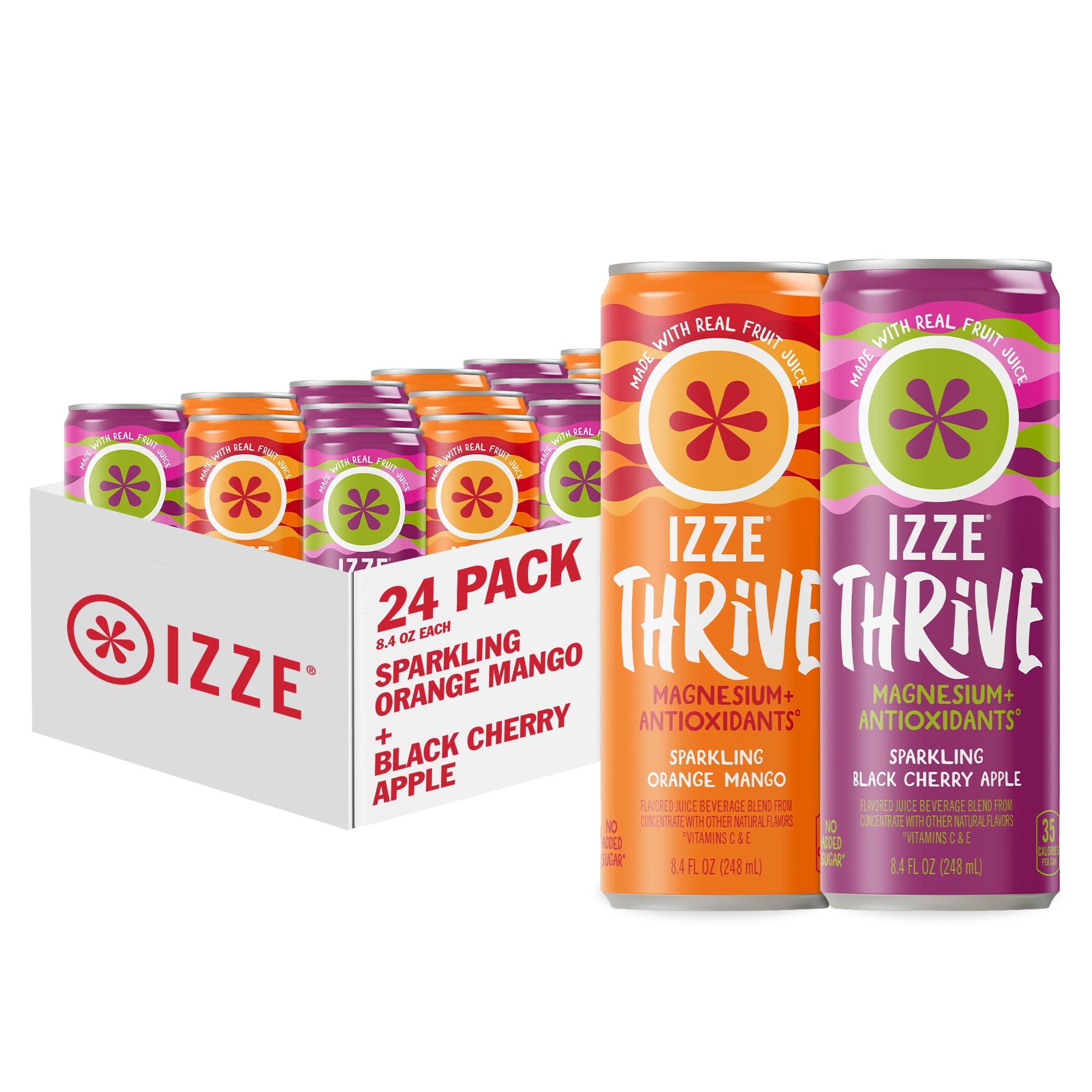 IZZE Thrive Sparkling Juice Variety Pack, Orange Mango + Black Cherry Apple, No Sugar Added, 8.4 FL OZ, 24 Cans