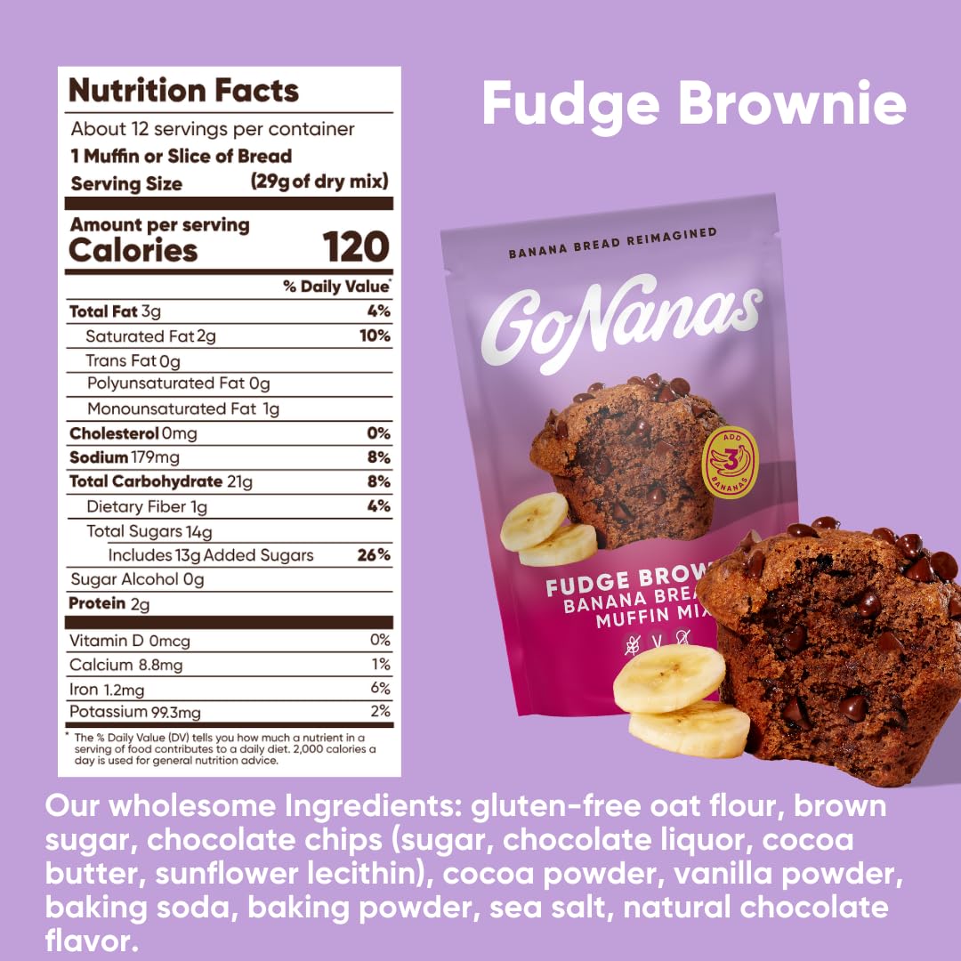 GoNanas Fudge Brownie Oat Flour Banana Bread Mix, Suitable for Plant Based Vegan Diets, Gluten Free Dairy Free Snacks, Healthy Snacks For Adults, Muffin Mix, Nut Free, Cupcakes Dessert, NON-GMO, 3pk