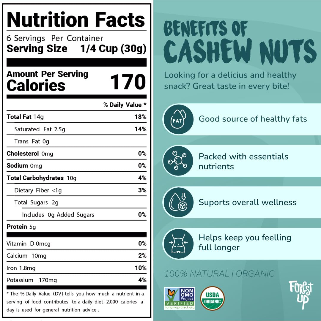 Organic Unsalted Cashews 7 oz - Healthy Snack, Gluten Free, Non-GMO, Vegan, Plant-Based Protein - Forest Up