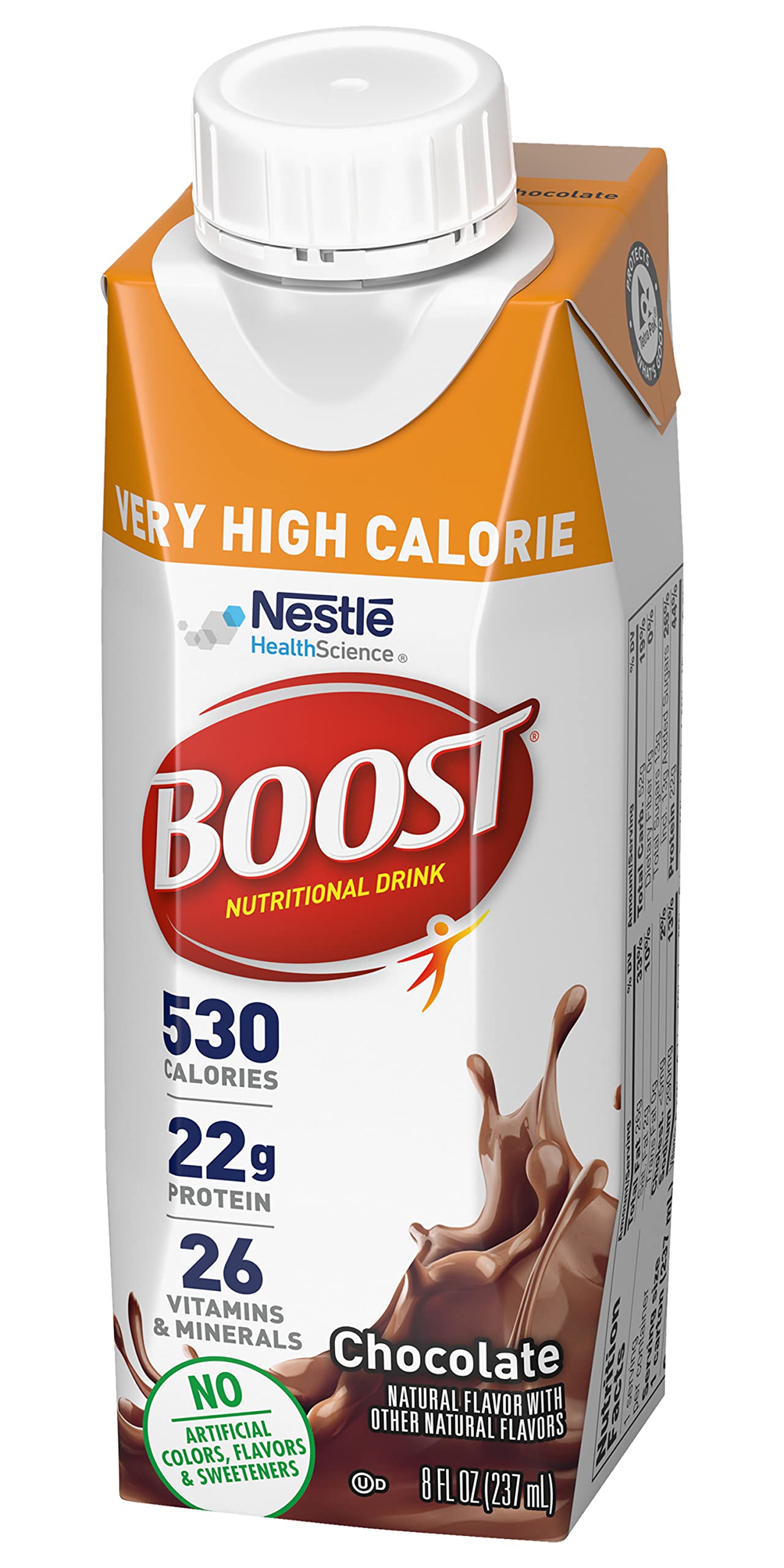Boost Very High Calorie Nutritional Drink Very Vanilla, Made with Natural Chocolate Flavor & No Artificial Flavors, Colors & Sweeteners, 8 FL OZ (Pack