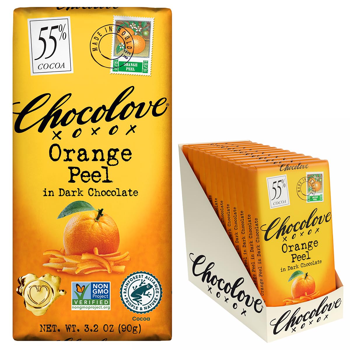 Chocolove Orange Peel Dark Chocolate Bars | 55% Cocoa | Tangy Orange Peel Bits | Smooth & Sweet | Premium Dark Chocolate |Non GMO, Rainforest Alliance