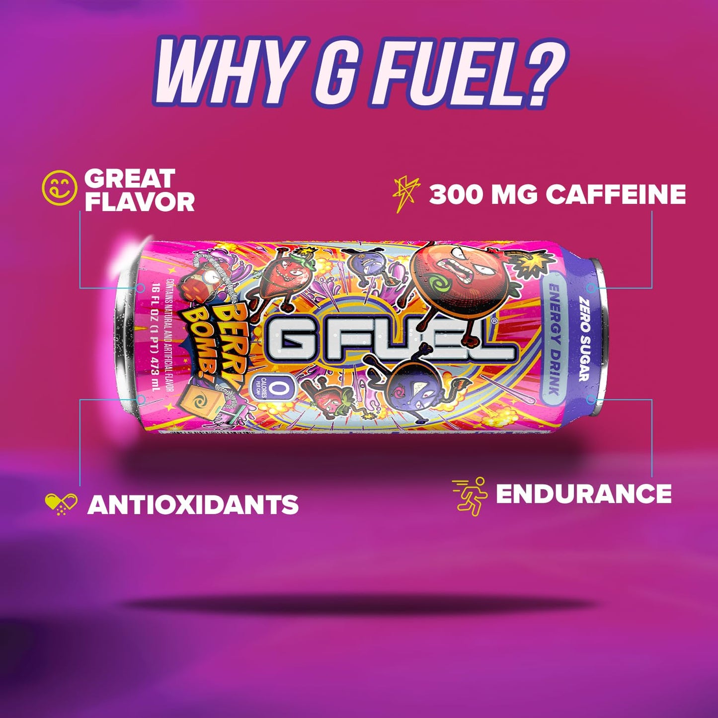 G Fuel Energy Drink, Berry Bomb, Sugar Free Carbonated Beverage with 300mg Caffeine, Daily Energy Boost with Focus Amino, Vitamin + Antioxidants, 16