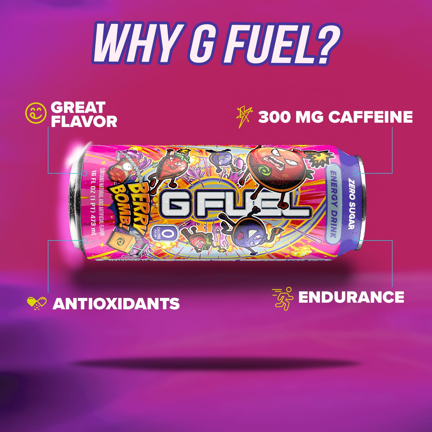 G Fuel Energy Drink, Berry Bomb, Sugar Free Carbonated Beverage with 300mg Caffeine, Daily Energy Boost with Focus Amino, Vitamin + Antioxidants, 16