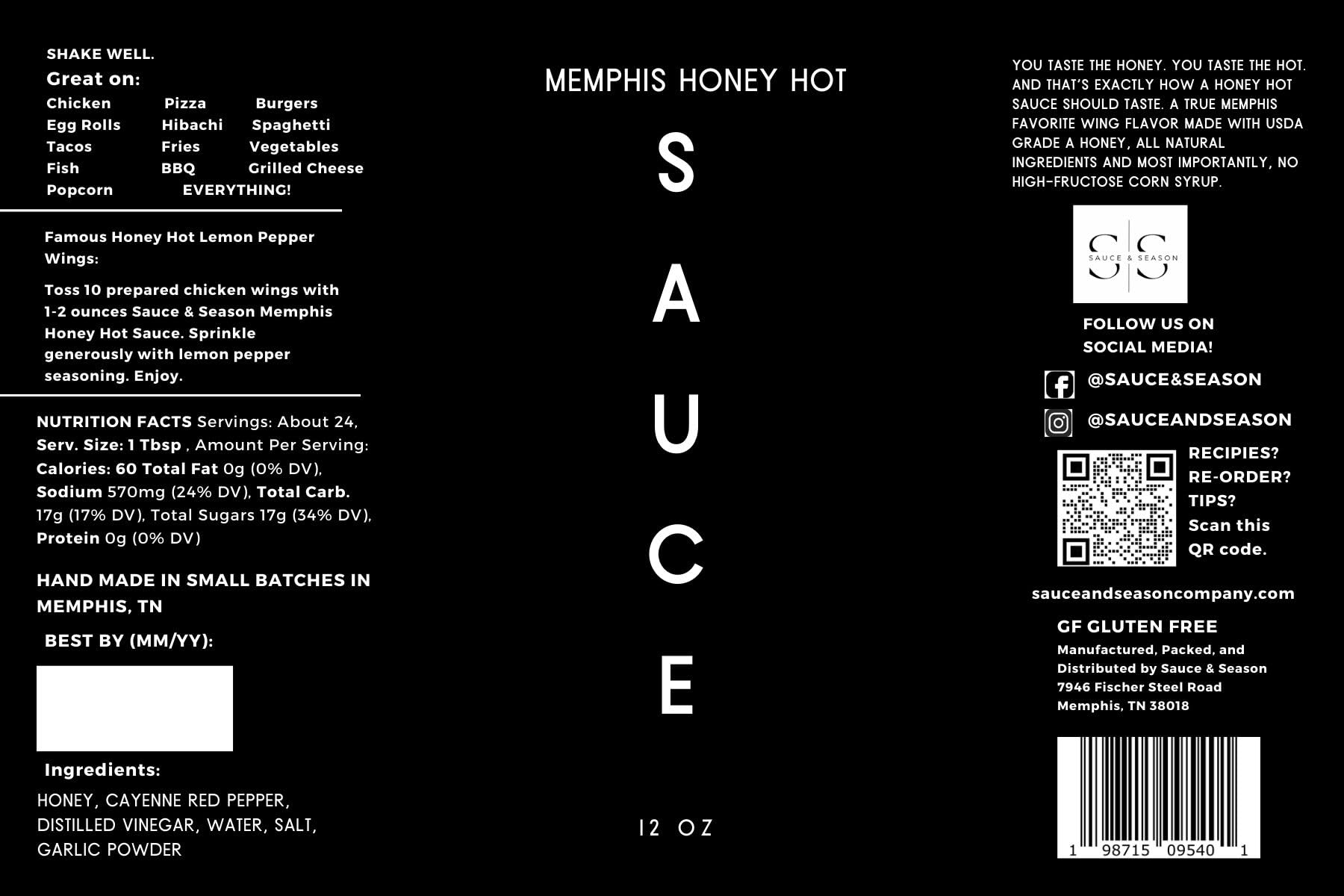 Honey Hot Sauce Sauce & Season Famous Memphis Honey Hot Sauce For Chicken Wings, Fish, Burgers, Pizza, Hibachi, Pasta, Tacos, etc. 12 fl oz