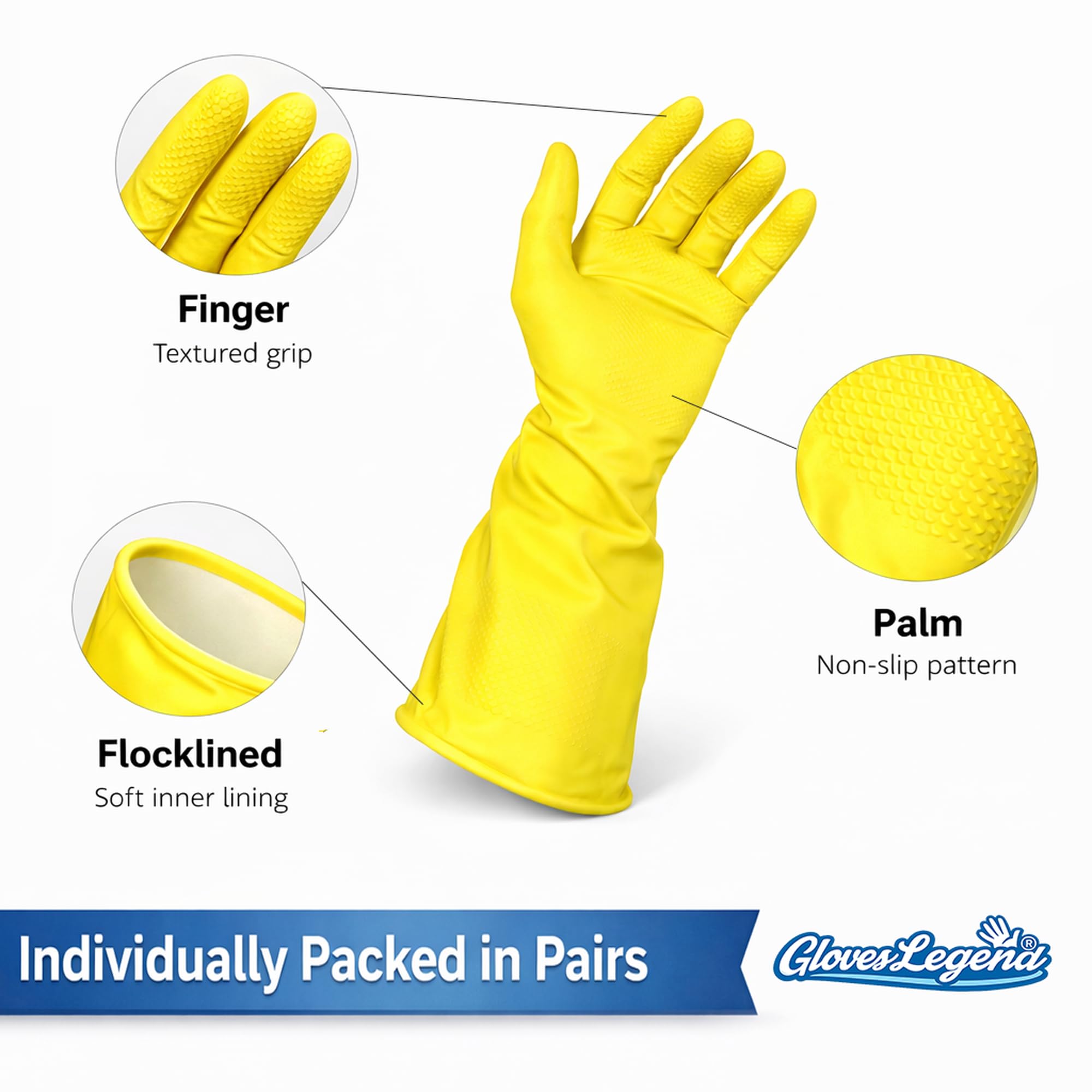 3 Pairs (6 Gloves) - Gloves Legend Size Medium - Latex Yellow Household Kitchen Cleaning Dishwashing Reusable Gloves