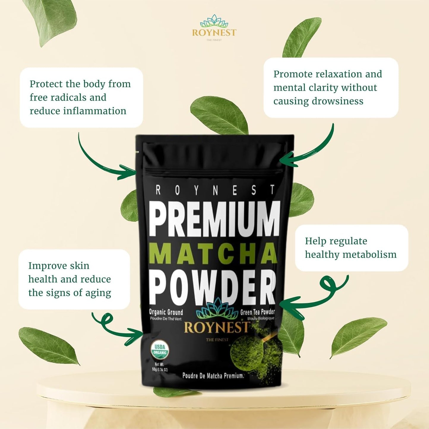 Roynest Premium Organic Matcha Powder - 100% Pure Matcha for Iced Lattes, Smoothies, Cold Drinks & Baking | Clean Energy, Vegan, Non-GMO, USDA